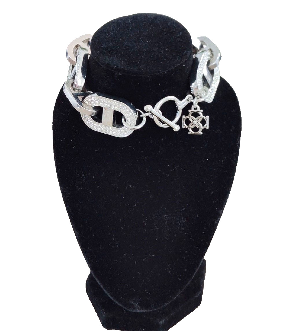 Vintage Silver Tone Chunky Link Statement Bracelet 7.5″ Pave Crystals and Charm