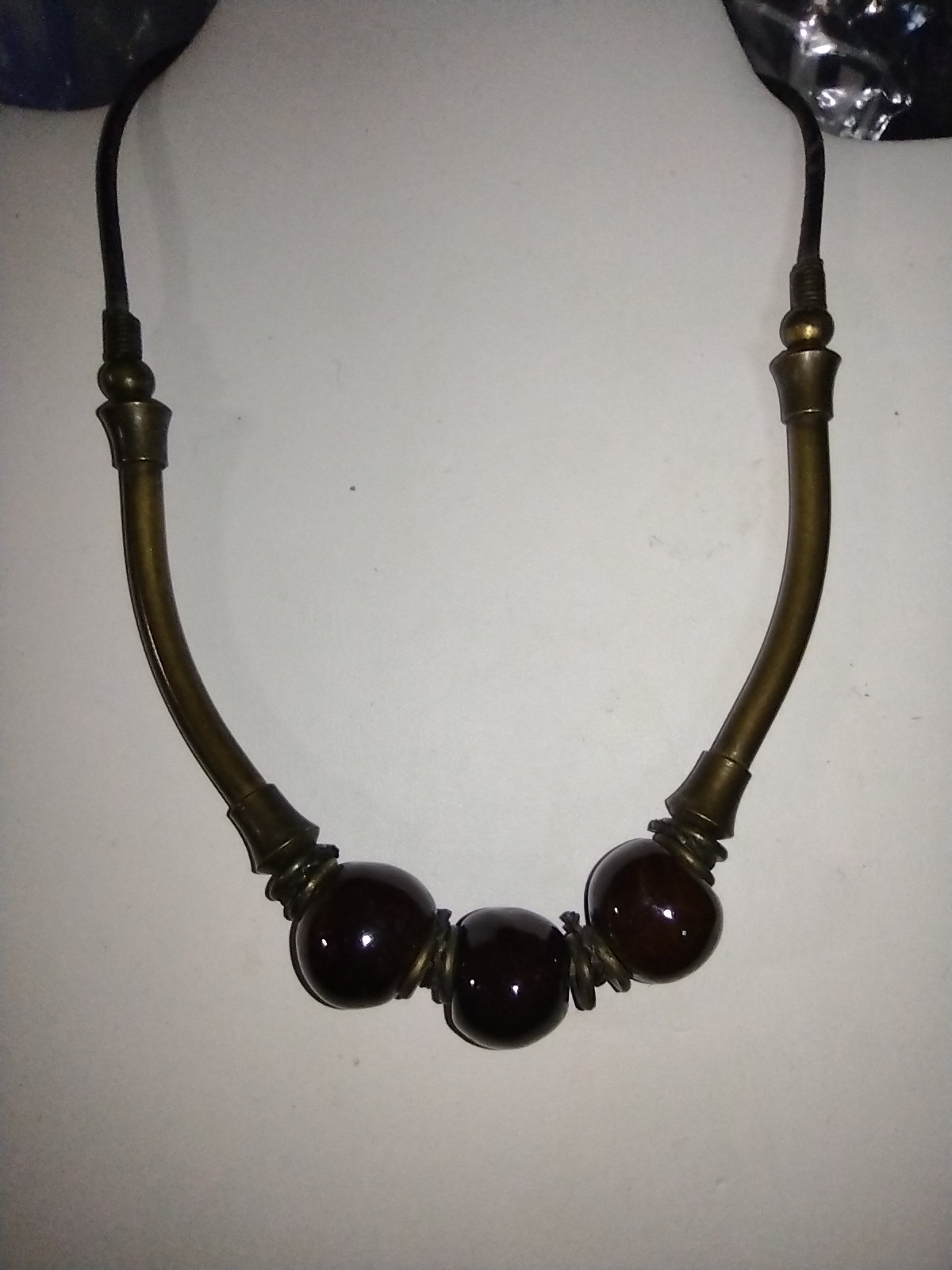 Vintage Boho Gray Ceramic Beads Brass and Leather Cord Choker Necklace 15″