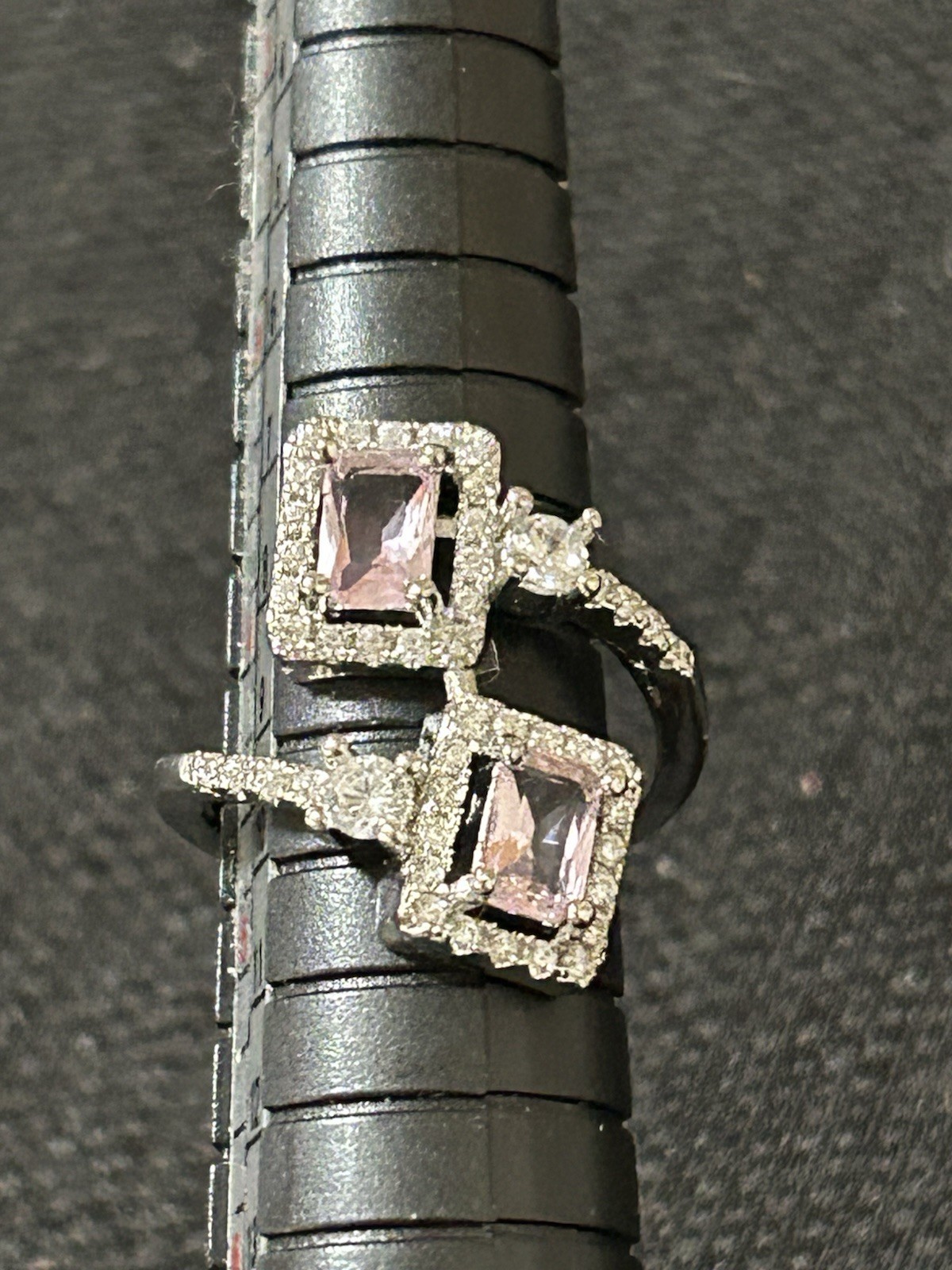Bypass Style Square Pink W/ Clear Rhinestones Halo Cocktail Ring Size 5.5