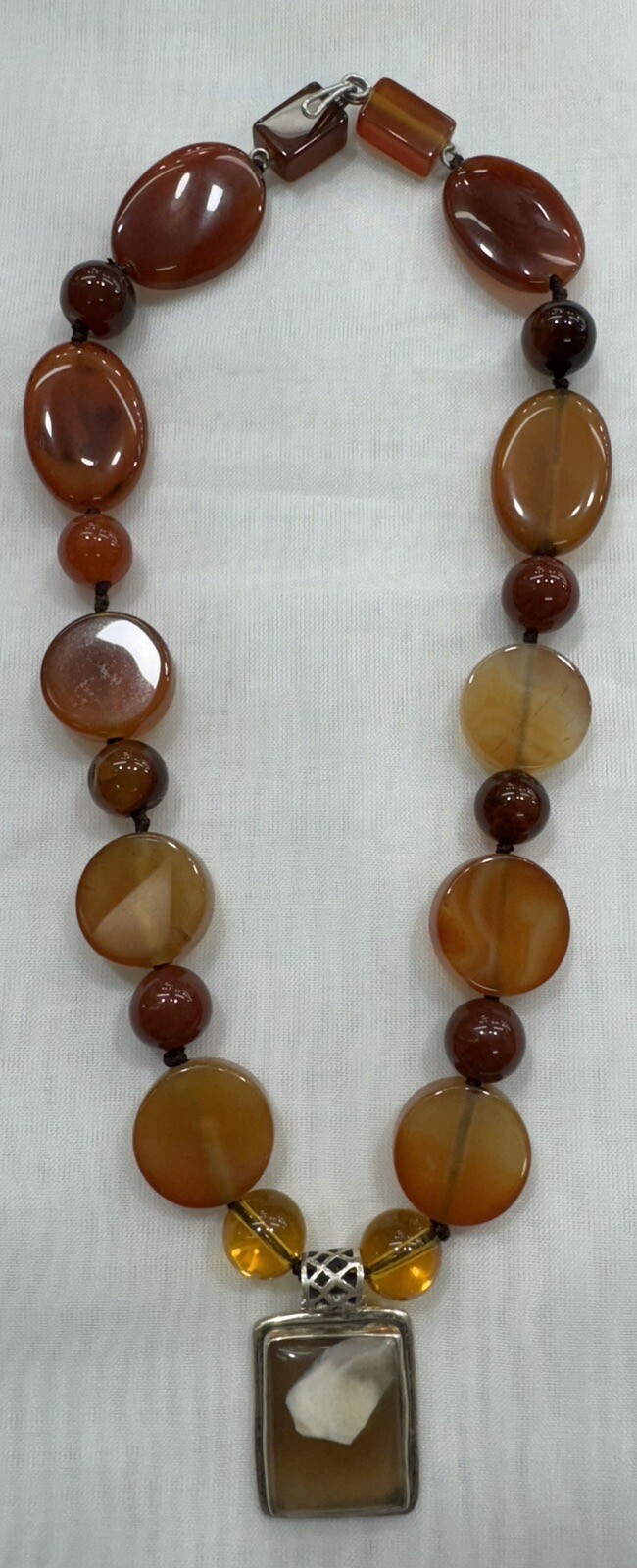 Handmade + Knotting Unique 16” Necklace with Agate, Citrine, 925 Silver Pendant