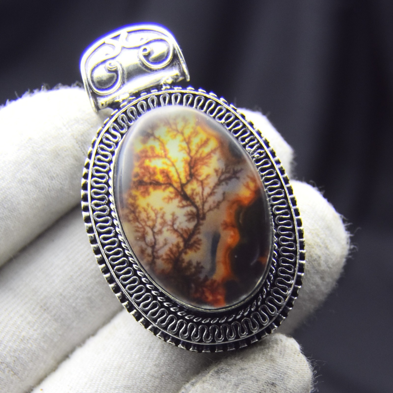 925 Sterling Silver Dendrite Fire Tree Gemstone Pendant Handmade Unique Jewelry