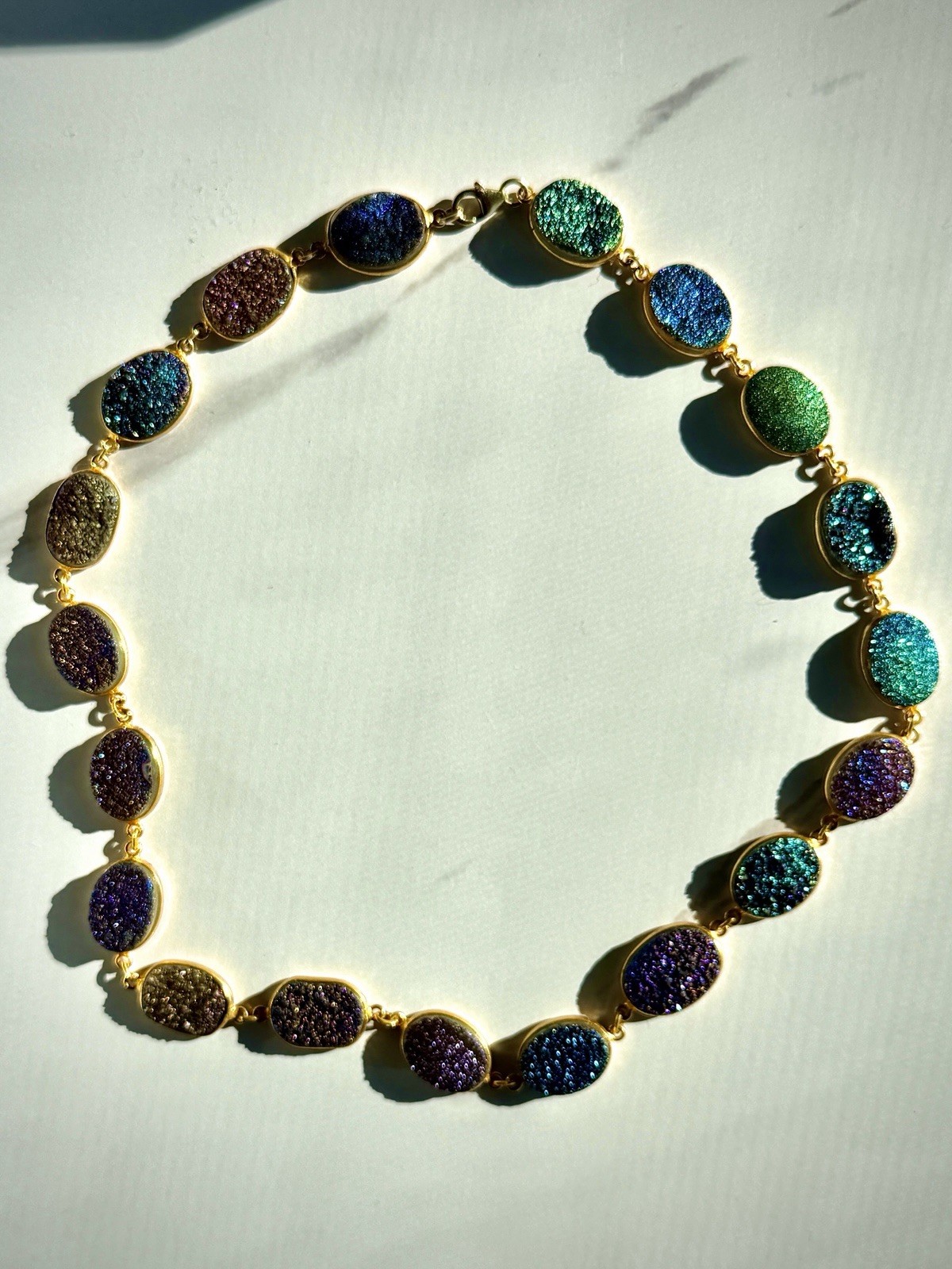 Gold Plated Sterling Silver Multi Color Druzy Link Station Necklace Rainbow New