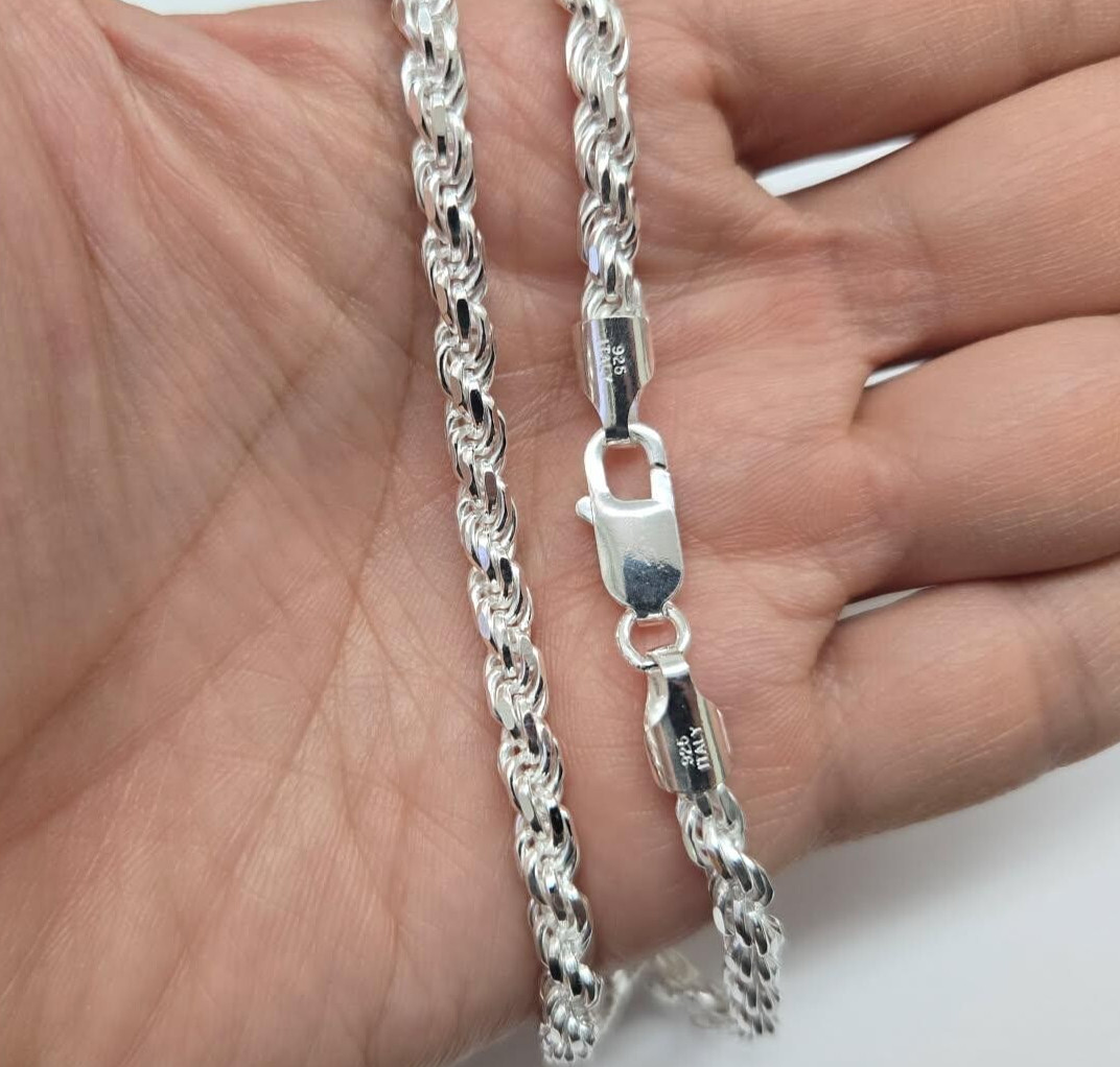 925 Sterling Silver Thick Rope Chain Necklace Diamond Cut 4.5mm 7″ to 30″