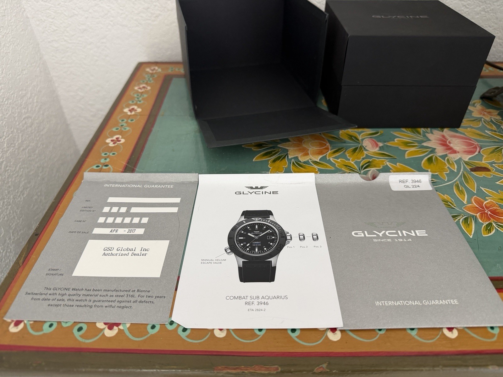 Glycine Combat Sub Aquarius 50ATM Automatic Watch Ref 3946 Full Set GL 224 Mens