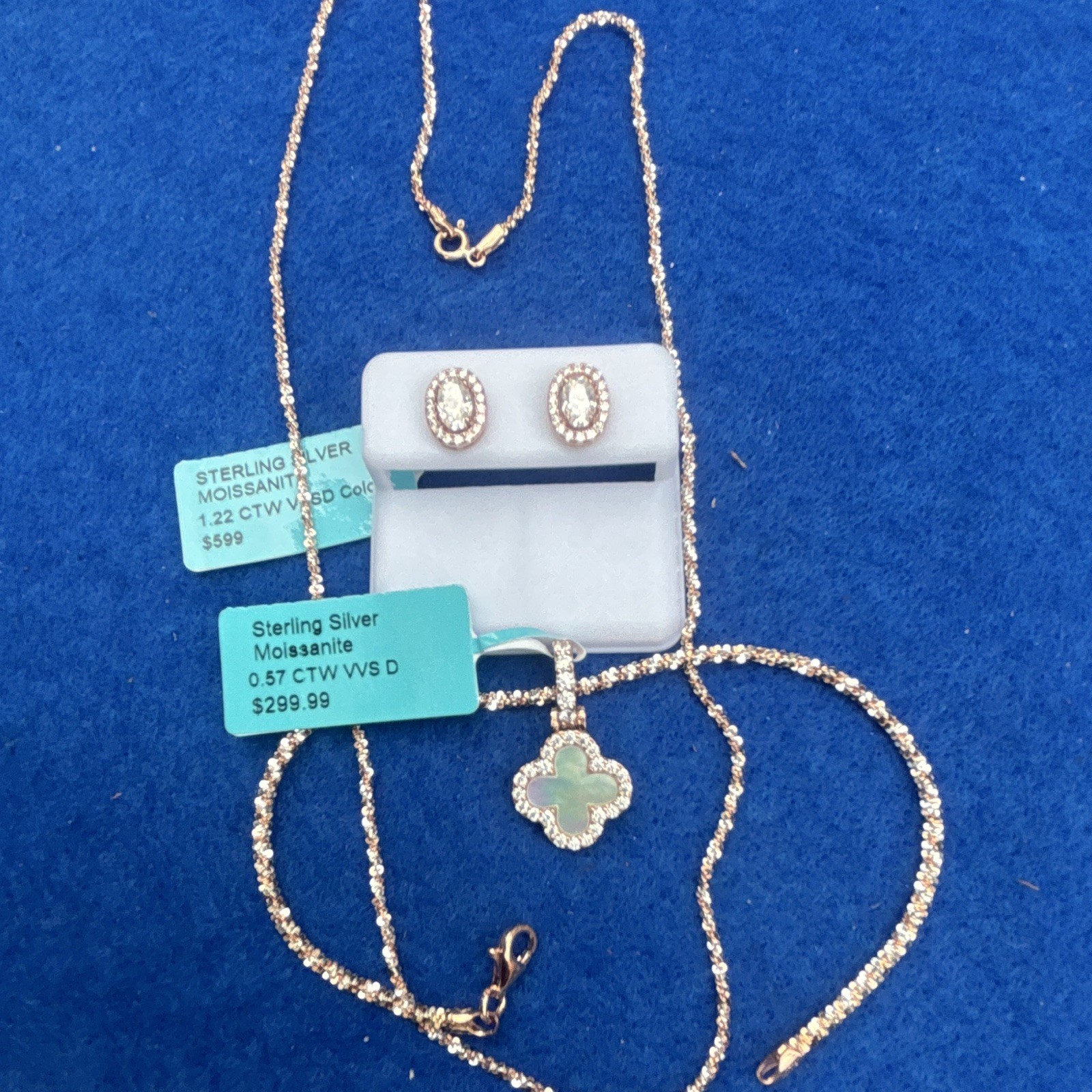925 Sterling Silver rose gold Moissanite Necklace Pendant & Earrings, 18 and 7.5