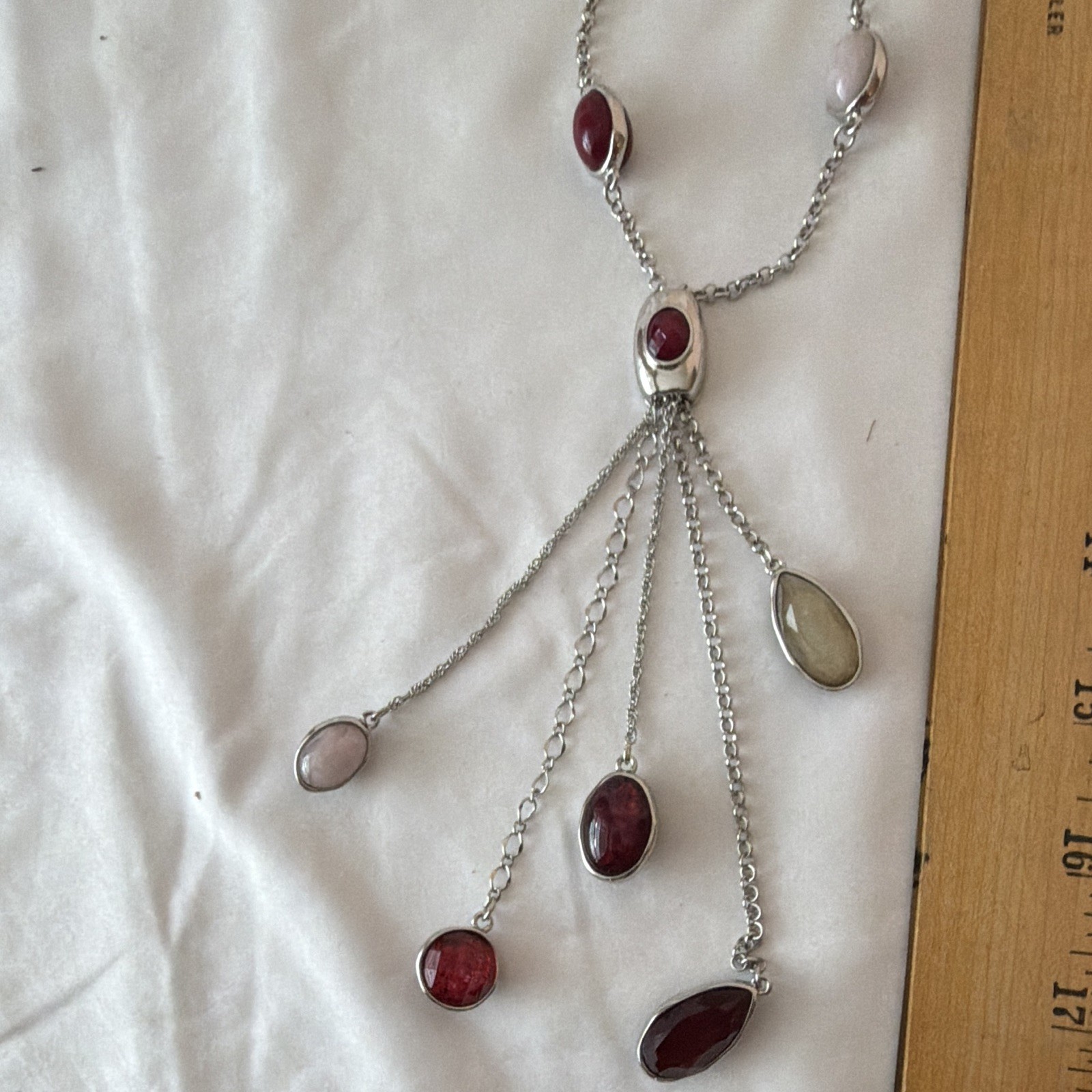 Stella & Dot Silver Tone Cable Chain Y-Drop Necklace Red Oval Cabochon Signed