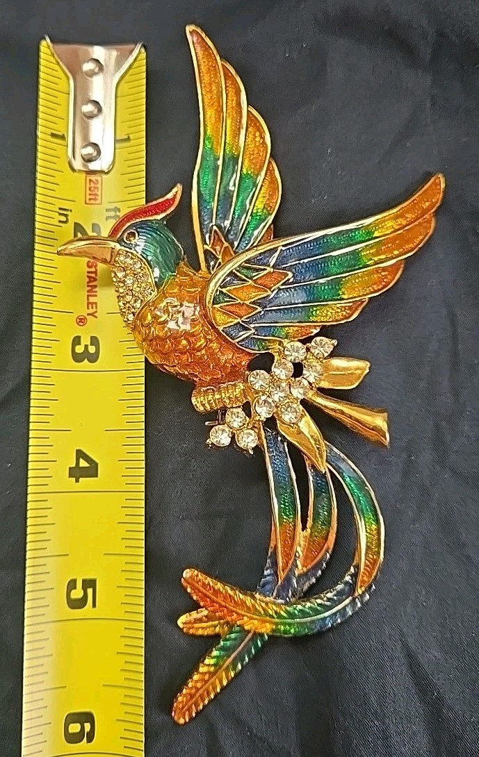 Vintage D’orlan Boucher 6″ Enamel Phoenix Bird Brooch Multicolored, Clear Crysta