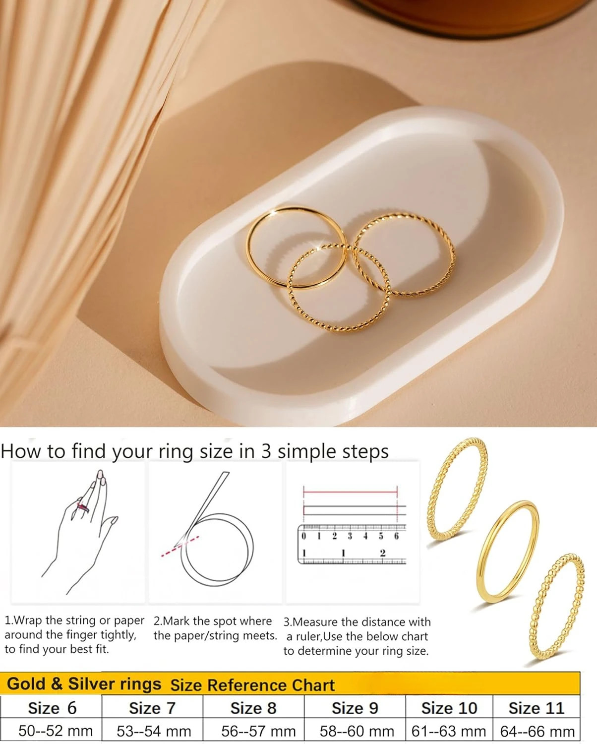 Women Non Tarnish Stackable 1.3mm Thin Ring 14K Gold Plated Dainty Ring Set.