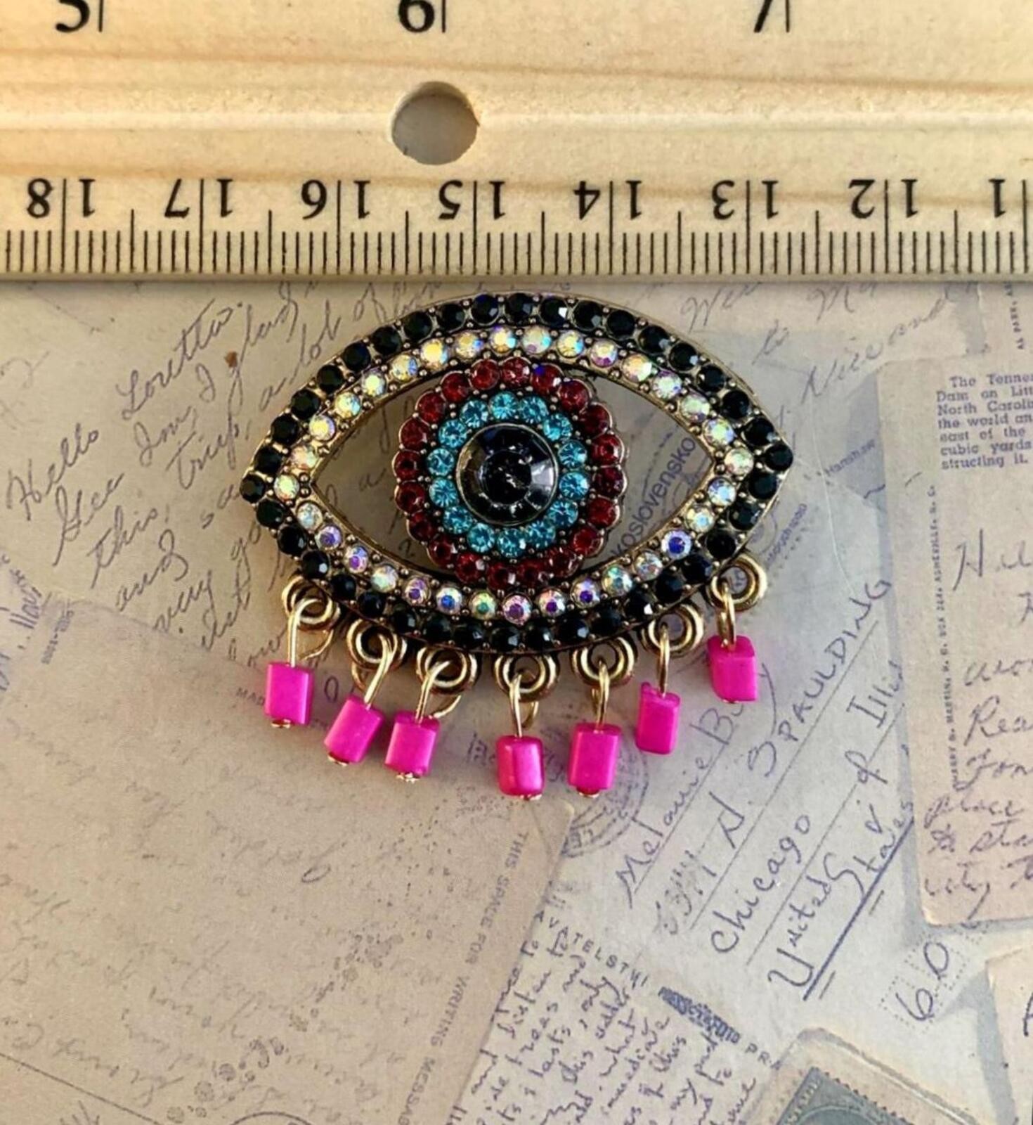 Multi Color Rhinestone Evil Eye Brooch Pink Bead Fringe