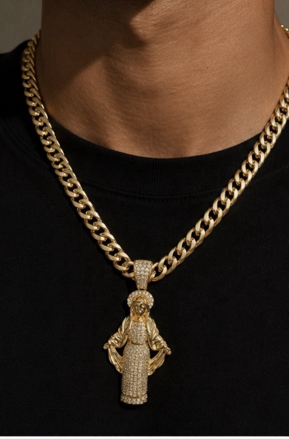 Gold plated none tarnishedCuban Link Chain Religious Necklace w/ Rhinestone