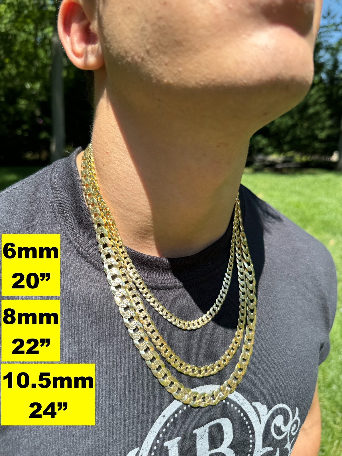 Men’s Cuban Chain Real 14k Gold Plated Solid 925 Silver Hip Hop ITALY 3-10.5mm