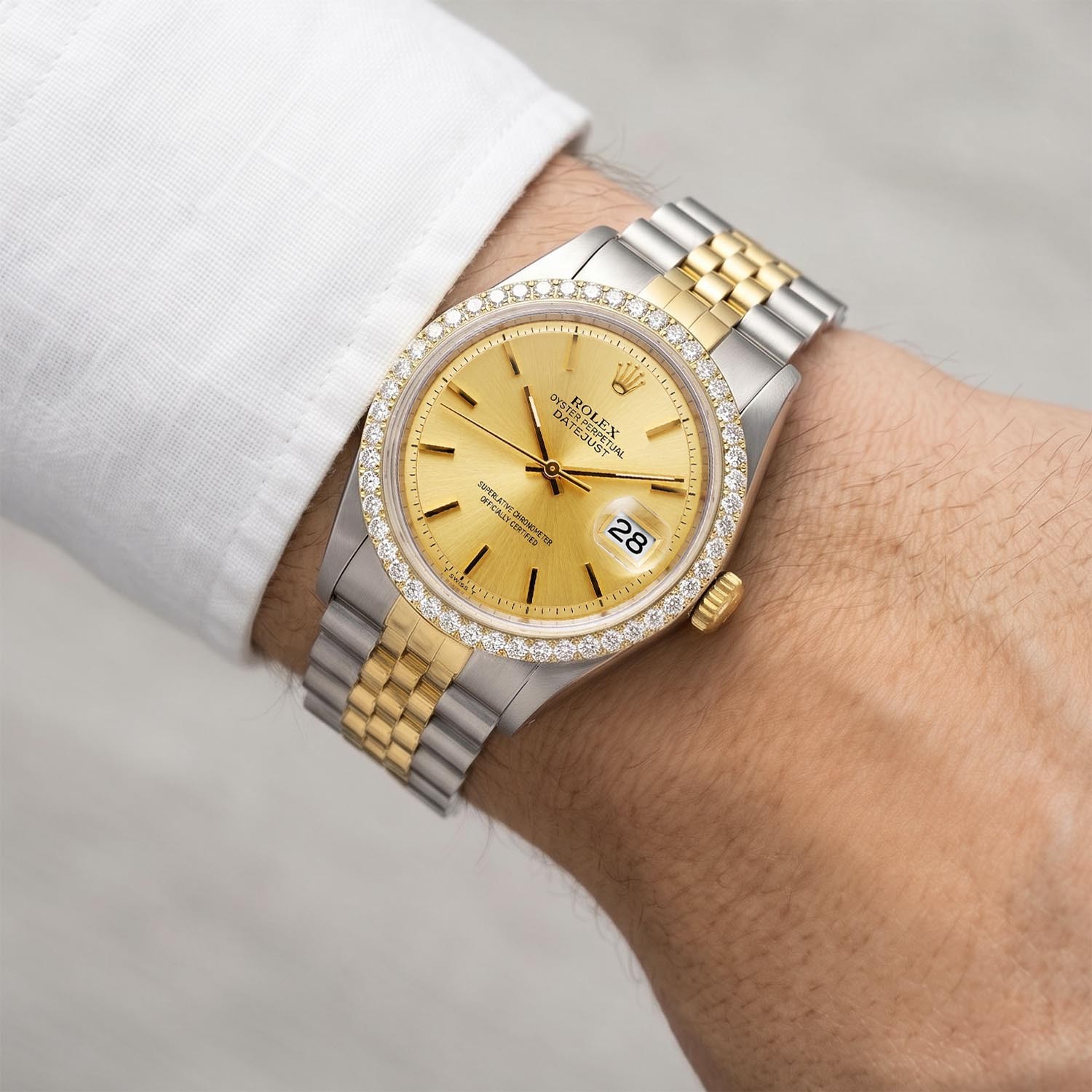 36mm Rolex Datejust 1601 Jubilee Gold Dial 3.00Ct Diamond Bezel Watch