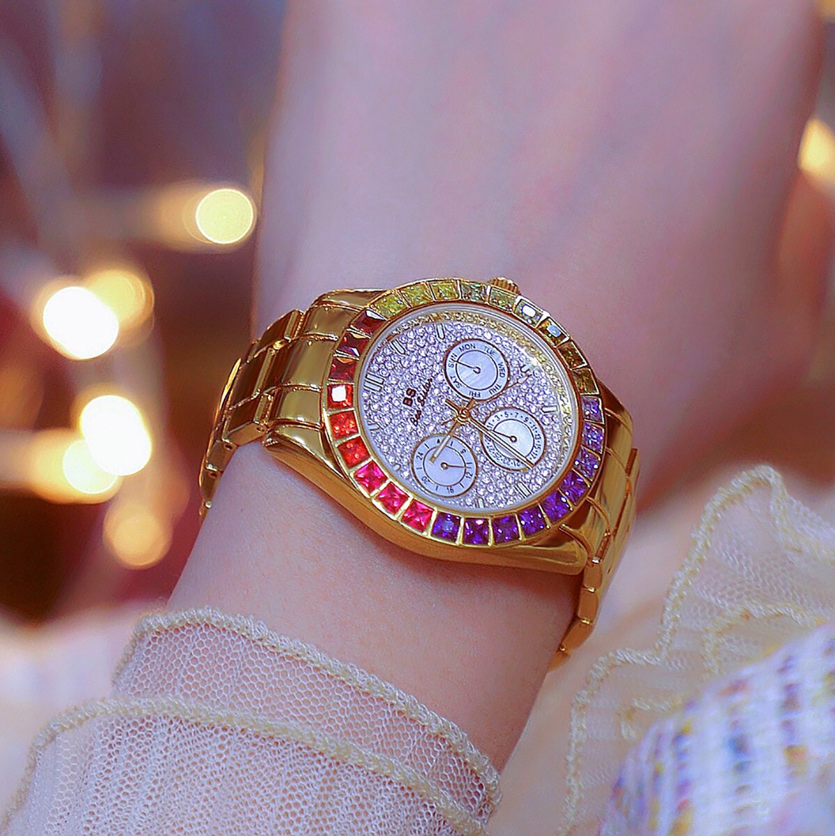 Rainbow Crystal Bezel Women Watch Gold Tone Colored Gems Women’s Wrist Watch