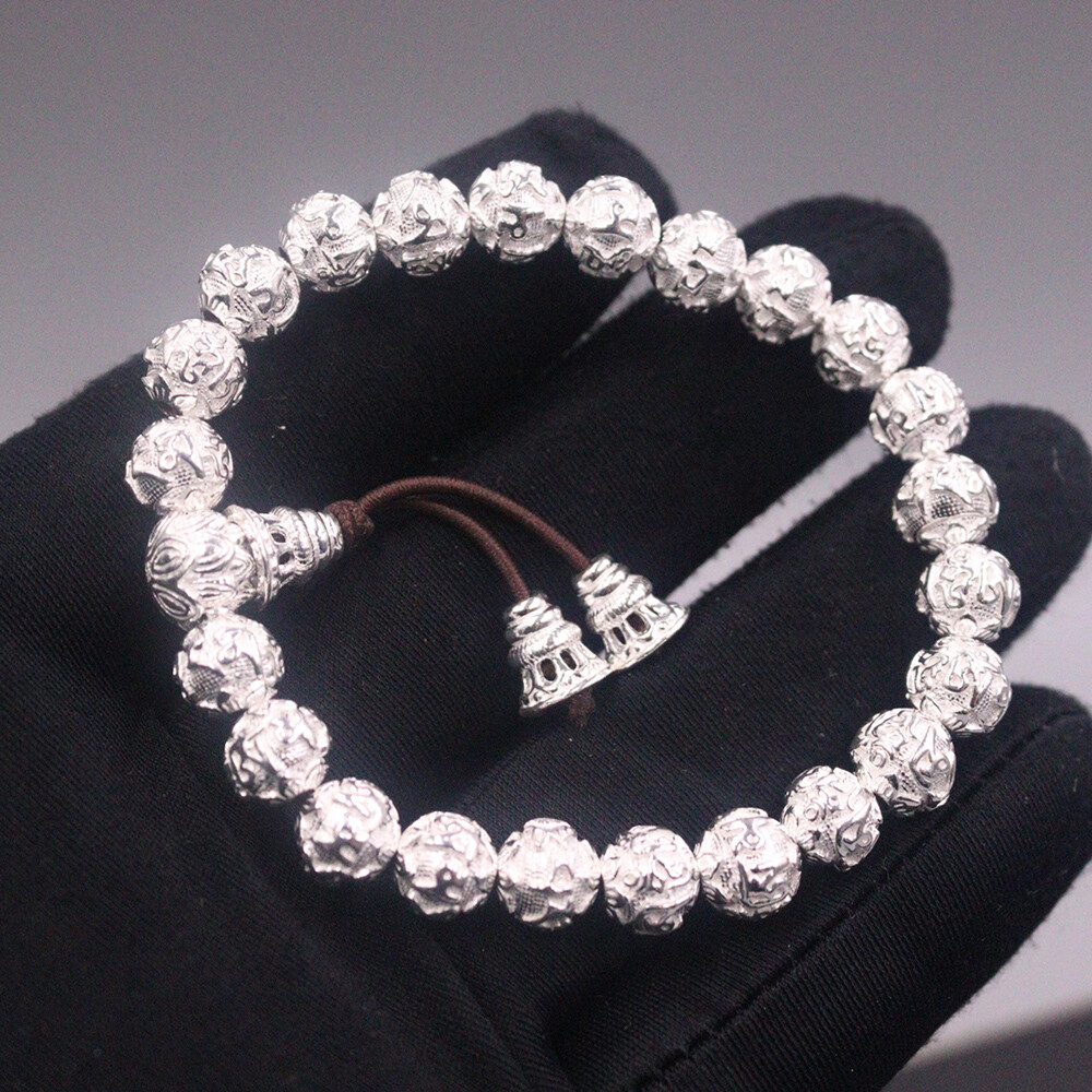 Real S999 Fine Silver 999 Bangle Men Women 8mm Six Words Beads Bracelet 29-30g
