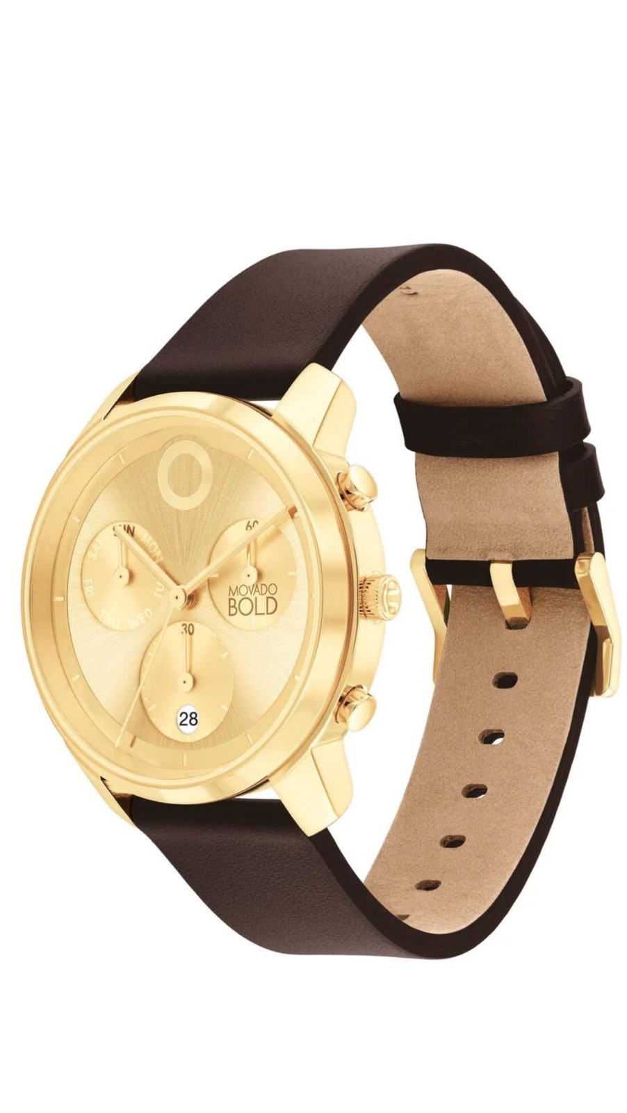 Brand New Movado Bold Men’s Yellow Gold Brown Leather Strap Watch 3601029