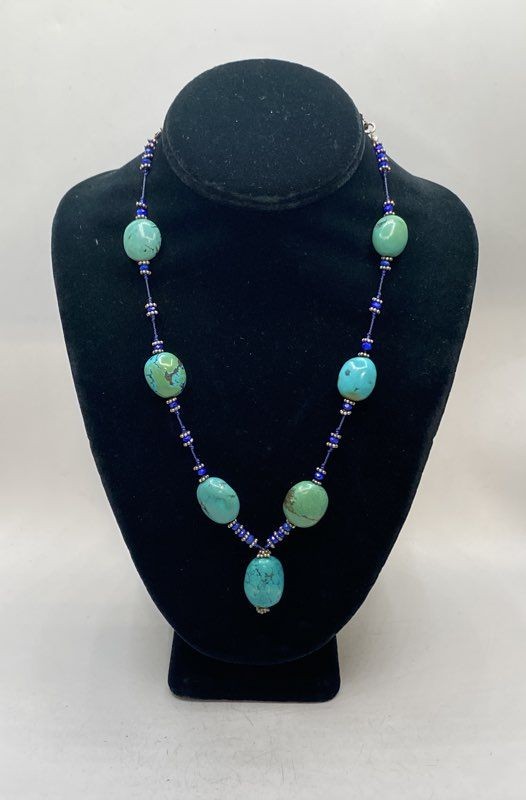 Sterling Silver 925 Turquoise Nugget & Blue Bead Necklace Southwestern 20″ 47.9g
