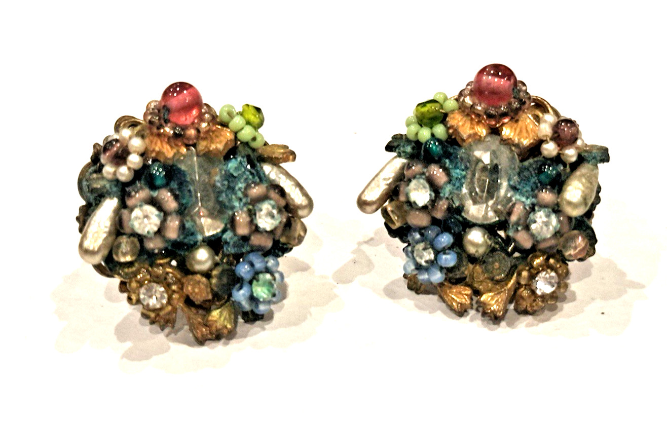 KRAMER SHINY & BRUSHED GOLD BEAD BUTTON VINTAGE RETRO MCM CLIP ON 1″ EARRINGS EU