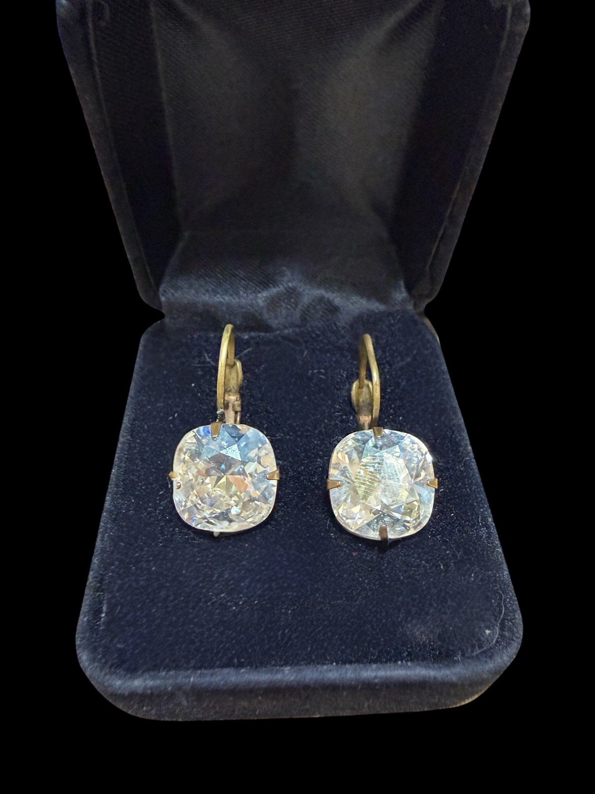 Liz Palacios Crystal Cushion Cut Drop Earrings Gold Tone Signed Statement