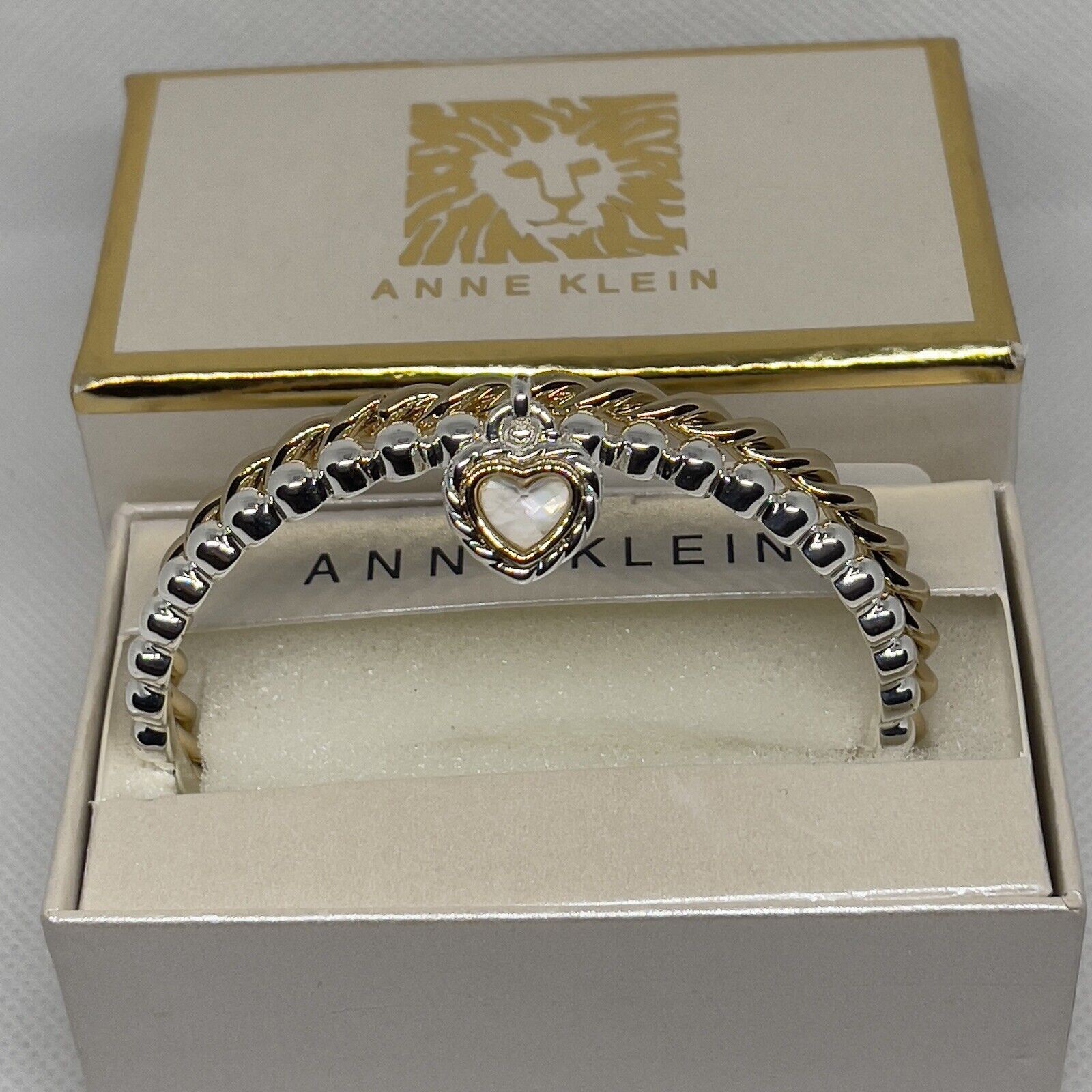 Anne Klein Gold Tone Bracelet (2 Piece Set) Crystal Heart Bangle Style Chic NWT