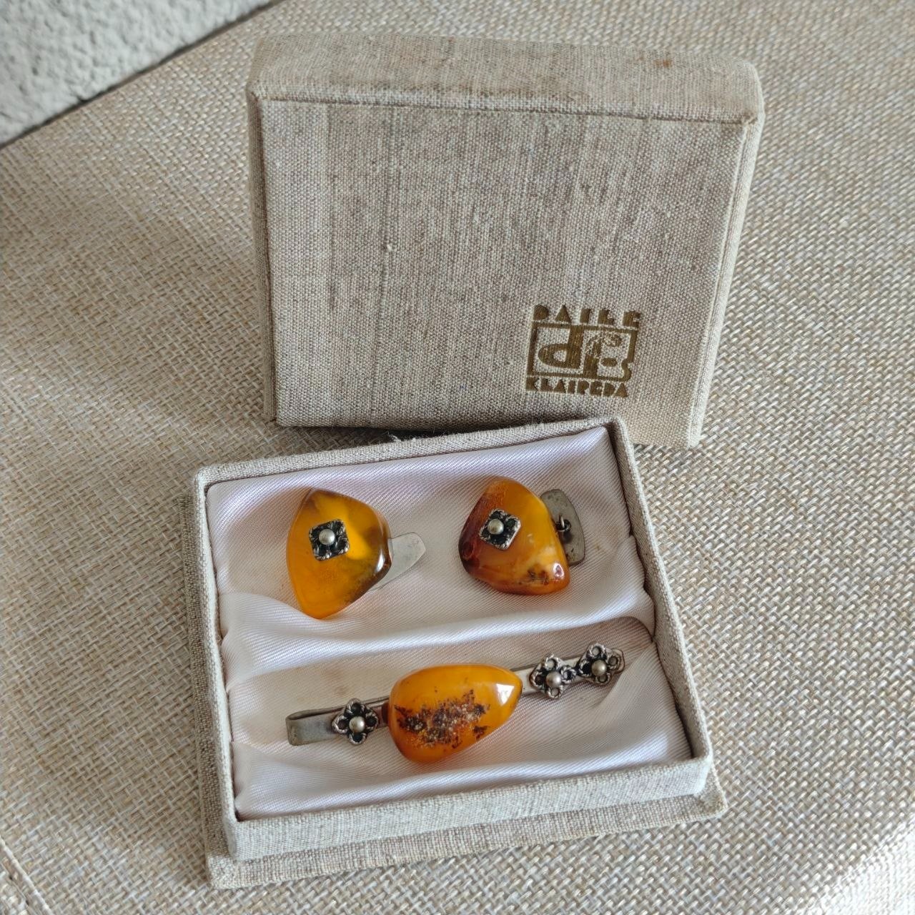 Vintage Soviet Baltic Amber Cufflinks & Tie Clip Set Daile Klaipeda USSR Lithuan