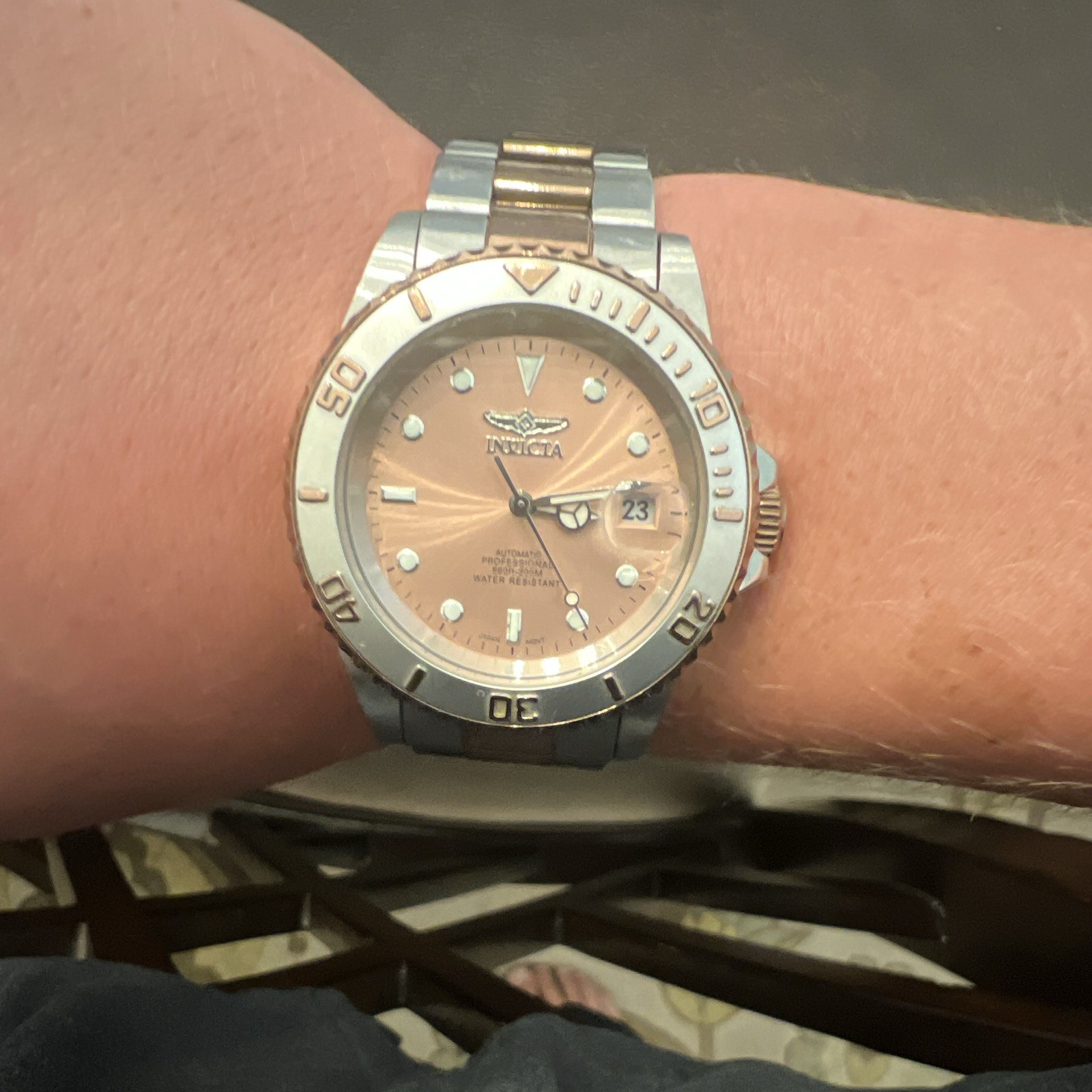Invicta Professional Automatic 200m Two-Tone SS Watch Date Exhibition Back