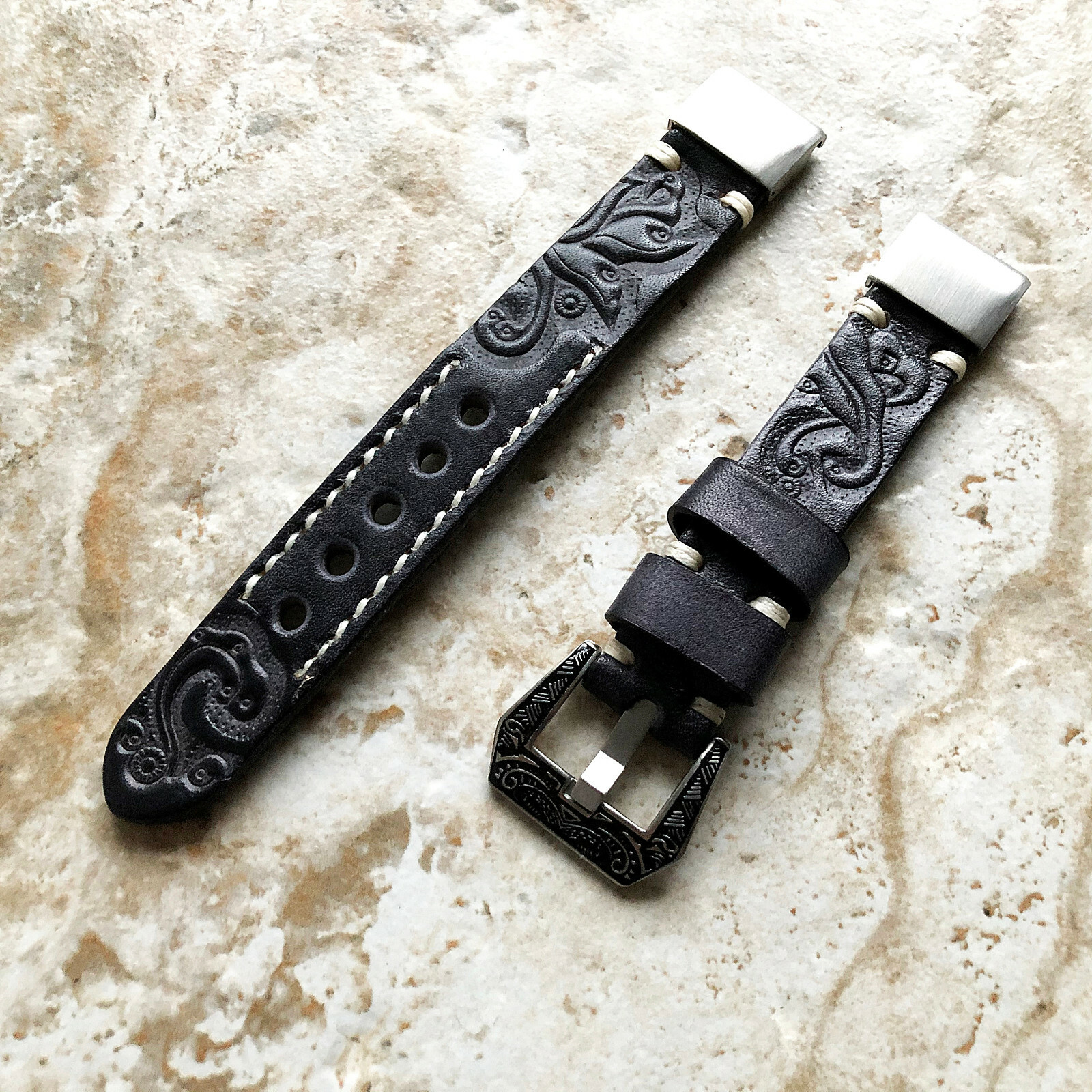 Black & Gray Leather Band for Garmin Instinct 2X Descent Mk3i 51mm Enduro 3 2 1
