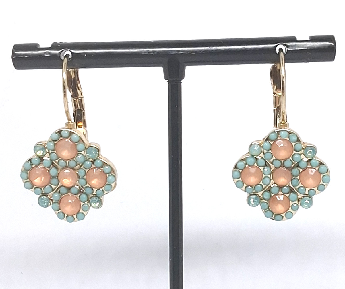 Vintage Gold Tone Tone Blue and Peach Rhinestone Floral Lever Back Earrings