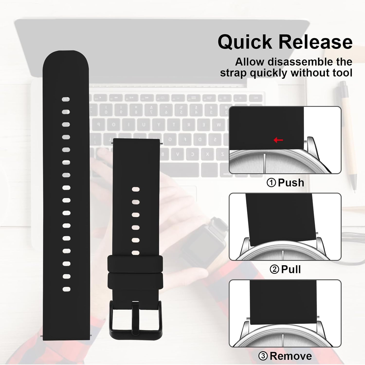 Waterproof Silicone Watch Bands with Stainless Steel Buckle for Smart Watch 22mm