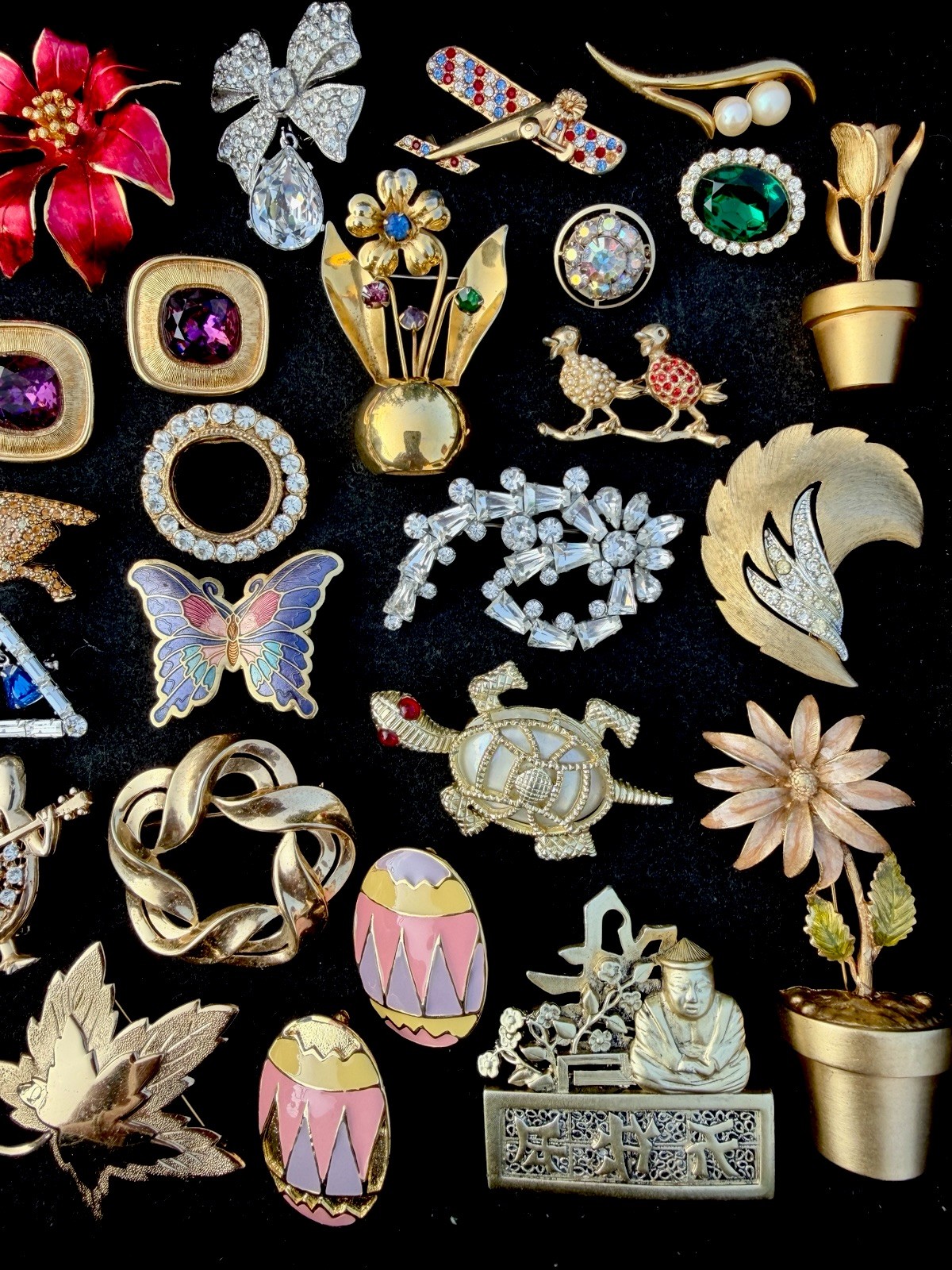 Vintage Large Brooch Pin Lot Rhinestone Enamel Colorful Signed Unsigned Mix 77p