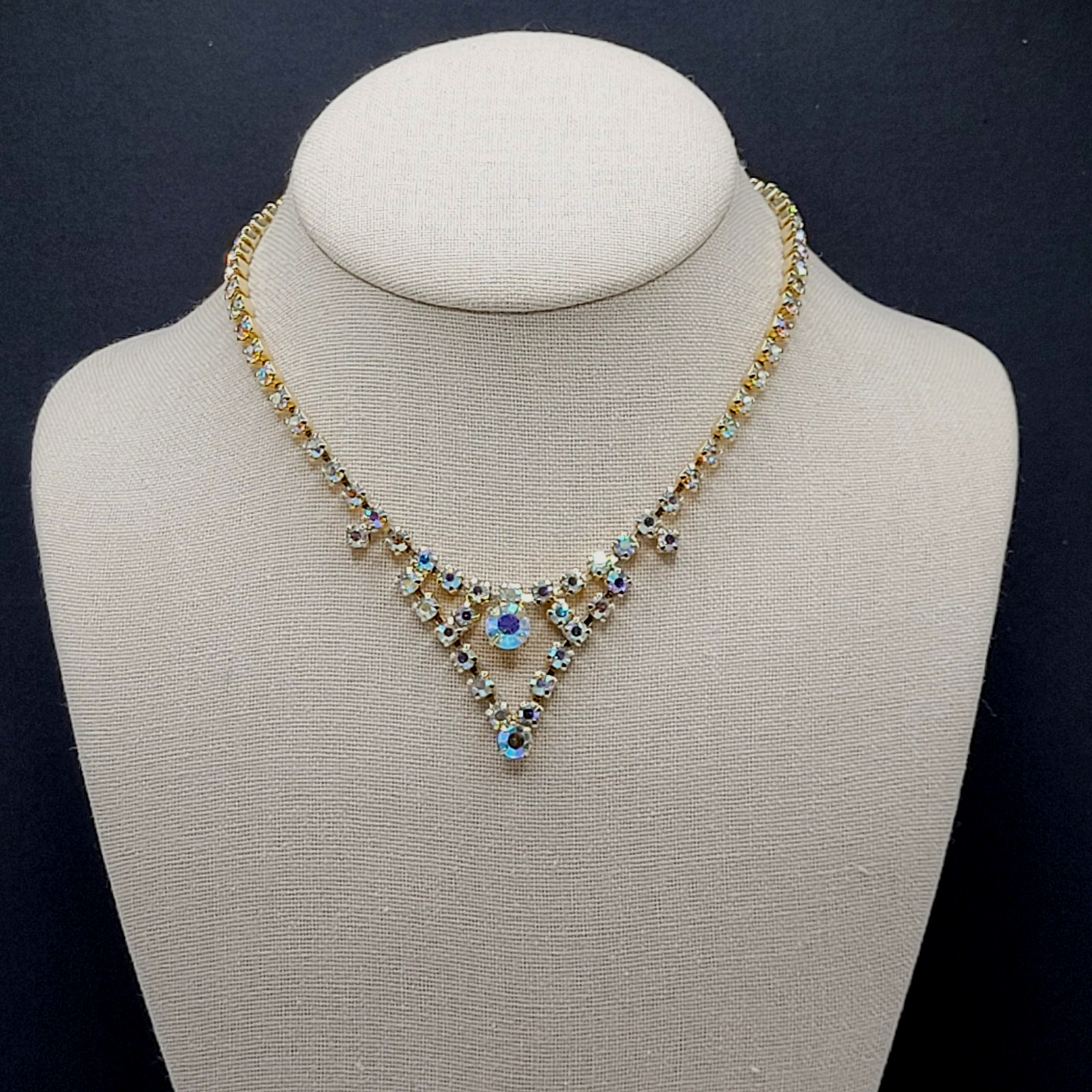 Swag or V Style Drop Choker AB Rhinestone Necklace Gold Tone Vintage 15 inch