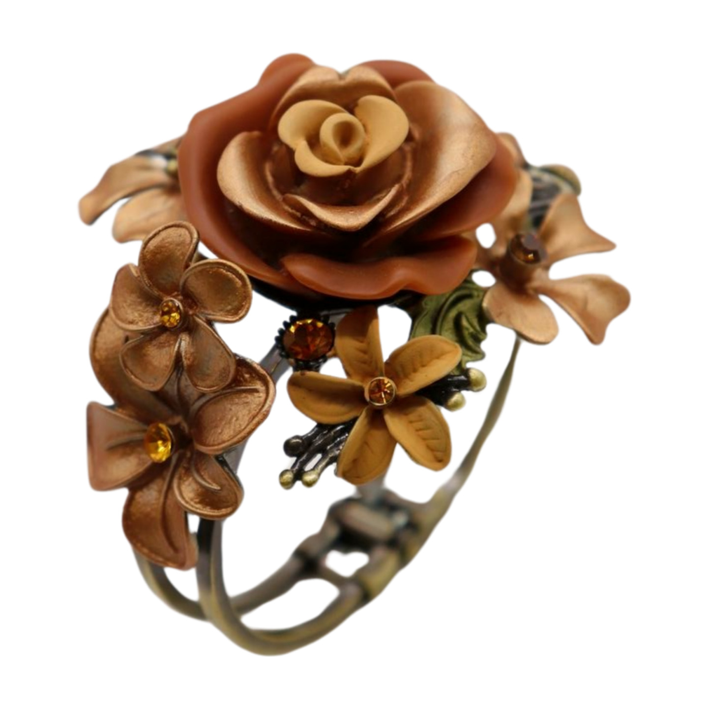 Women Antique Gold Metal Beige Brown Rose Flowers Cuff Bracelet Fashion Jewelry