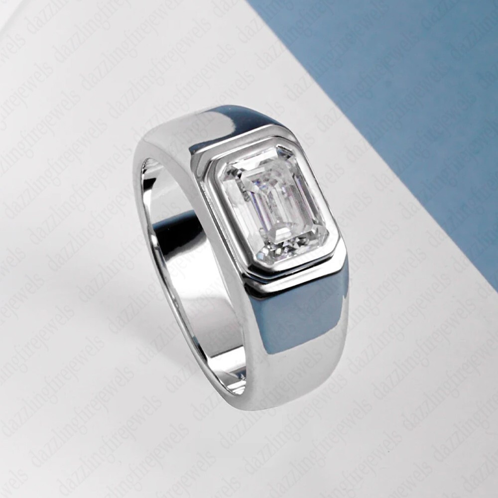 2.19 Ct Emerald Cut Moissanite Bezel Engagement Ring 14K White Gold Plated
