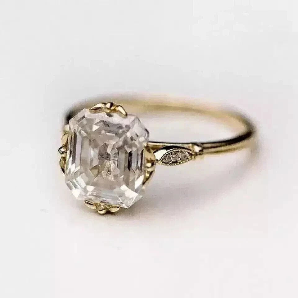 Art Deco Style 3.5Ct Asscher Cut Lab Created Diamond Engagement 14K Gold FN Ring