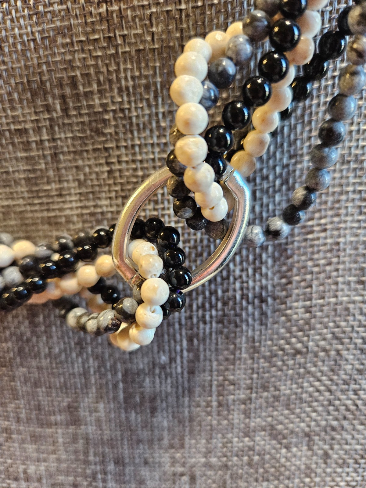 Vtg 1970 Twist A Bead Necklace Clasp 3 Strand Onyx Charcoal Gray Stone Clasp