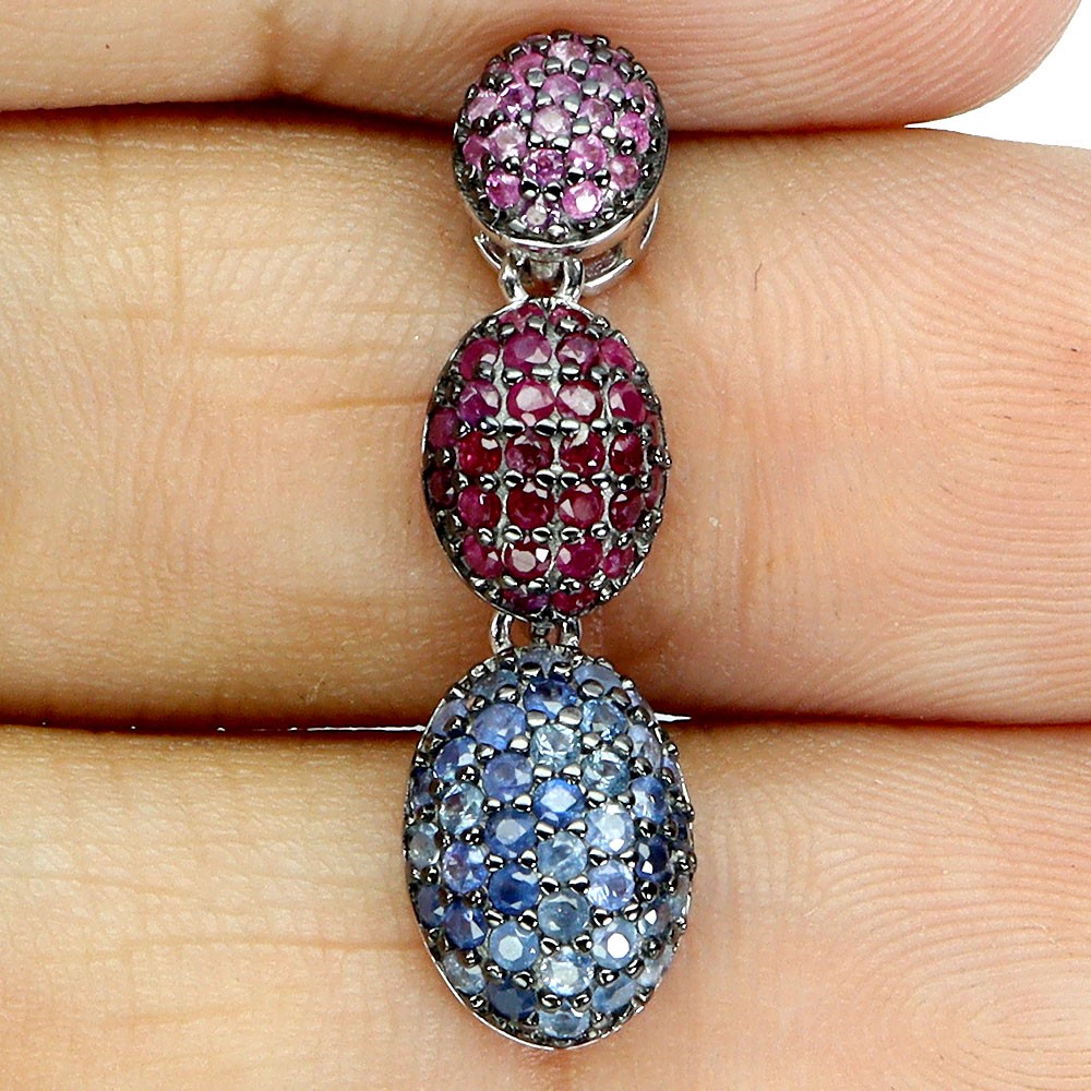 925 Sterling Silver Pendant Ruby Myanmar Round Diamond Cut Sapphire Gemstone