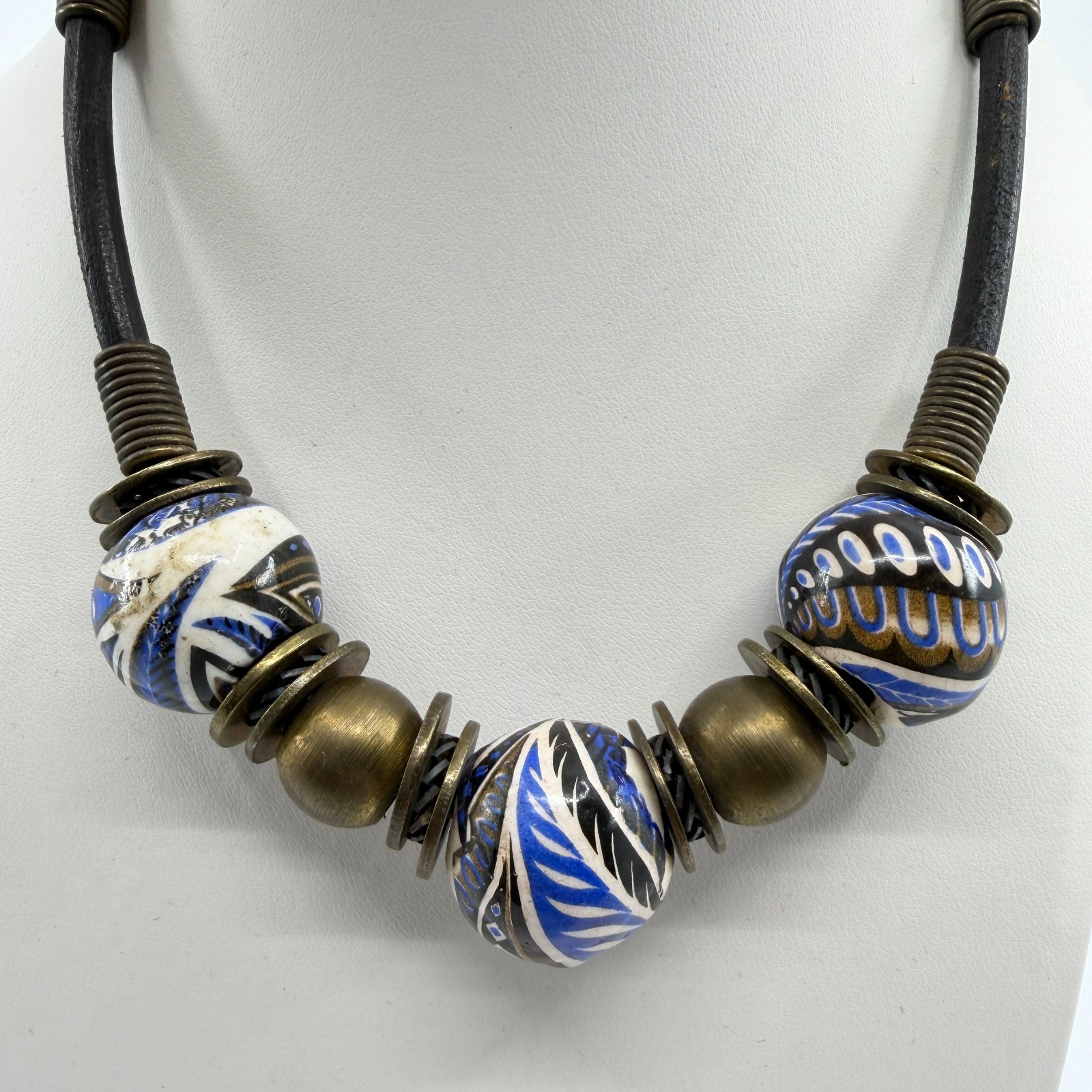 Boho Statement Necklace Blue White Ceramic Beads Leather Cord Artisan