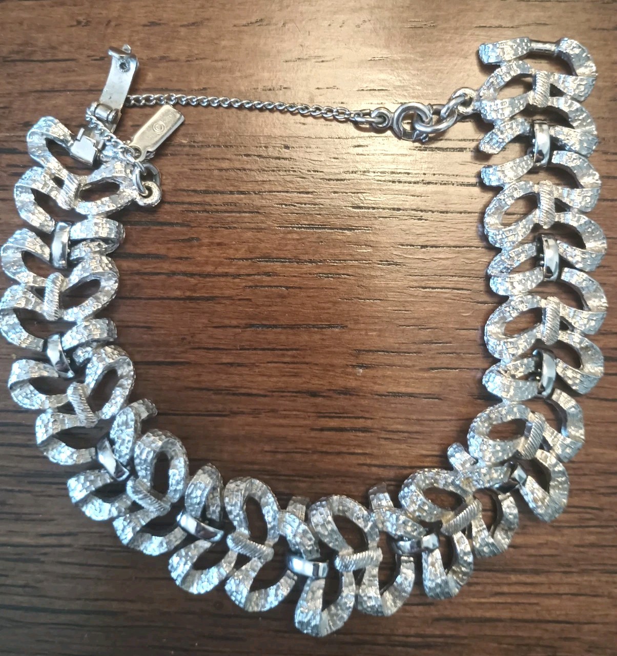 Vtg Monet Bracelet Ribbon Link Silver Tone Safety Chain 80s Textured Signed