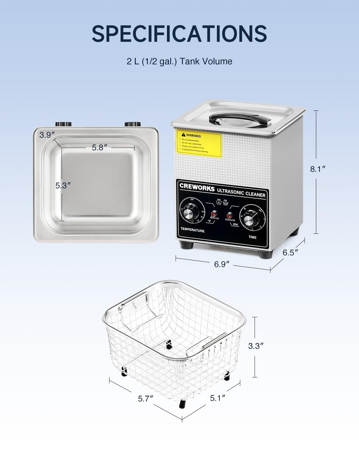 CREWORKS Ultrasonic Cleaner with Heater Timer, 1/2 Gallon Stainless Steel 60…