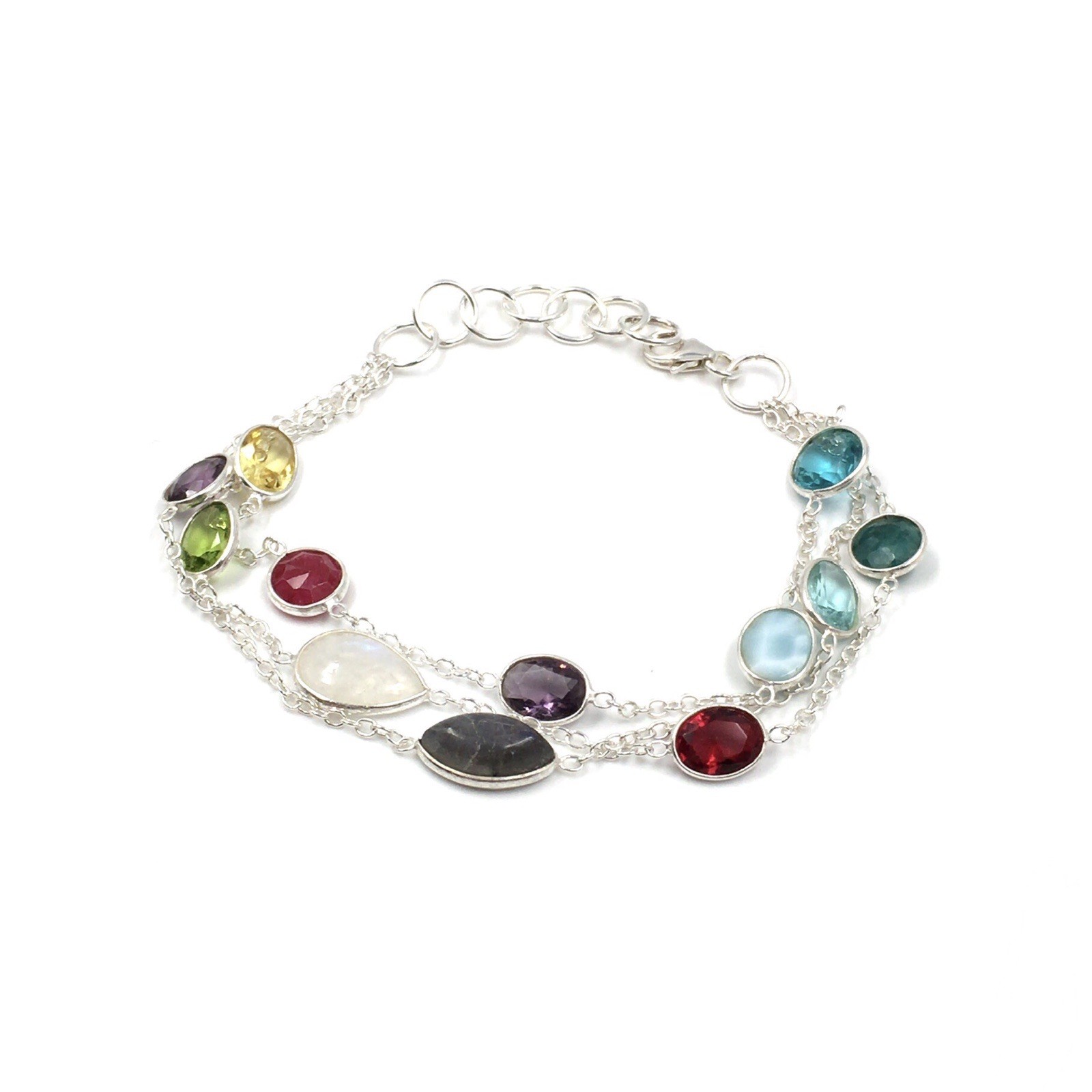 925 Silver Bracelet 18cm Colourful Gemstones Multicolour Jewellery Larimar Blue Red