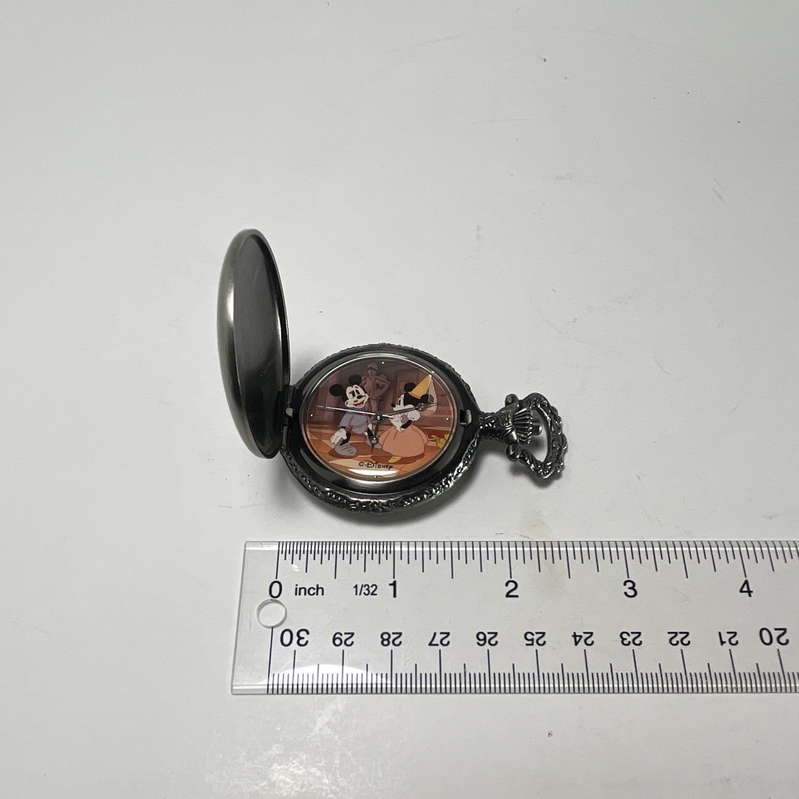 Disney Mickey Mouse Full Hunter Pocket Watch Quartz Analog Silver Tone Metal