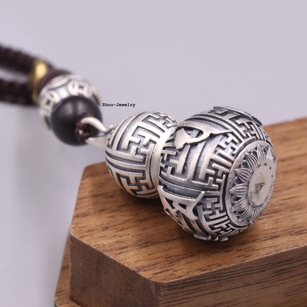 Real 999 Fine Silver Pendant Buddhist Sutra Gourd Shaped Amulet Netsuke 15-17G