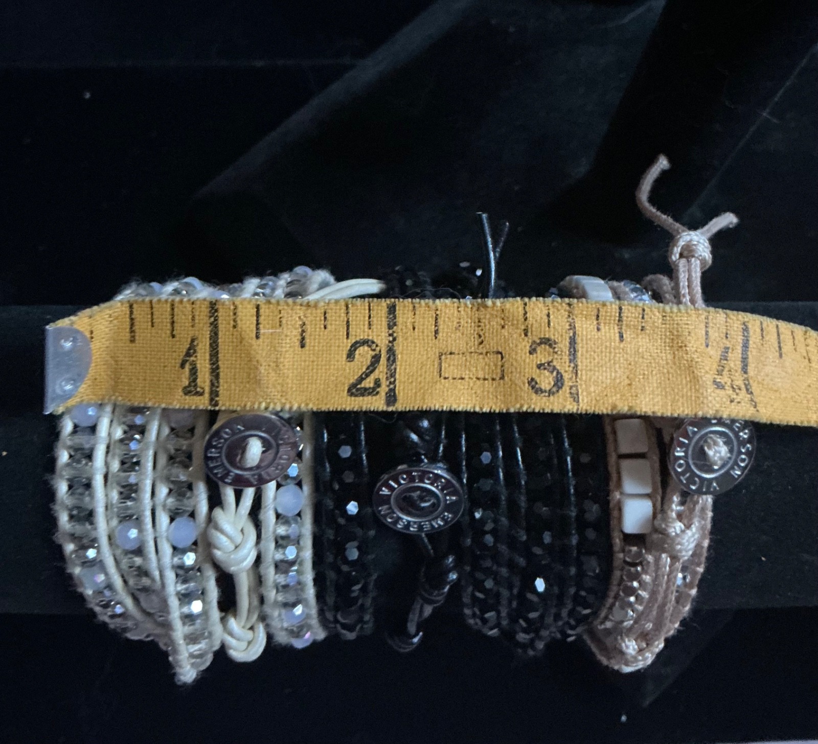 Victoria Emerson Wrap Bracelet Crystal Beaded Leather Black Cream Beige lot 3