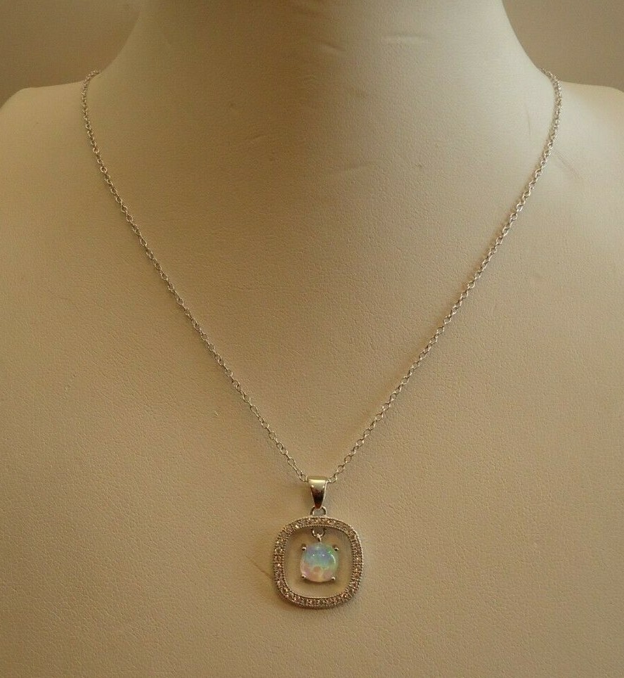 OPEN ROUND SQUARE NECKLACE PENDANT W/LAB ACCENTS & OPAL / 925 STERLING SILVER