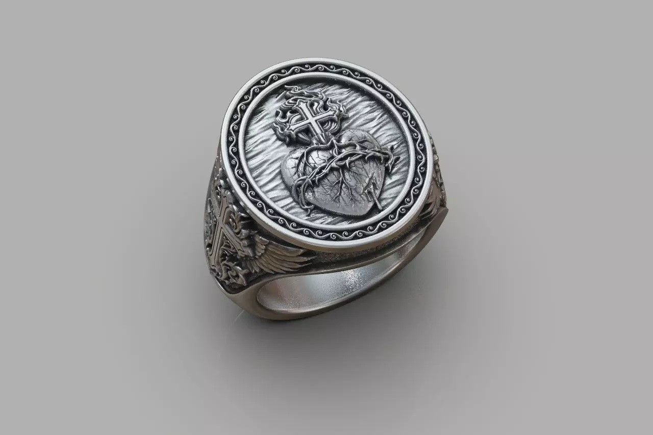 Oxidized Mens Sacred Heart Cross Gothic Punk 925 Sterling Silver Statement Rings