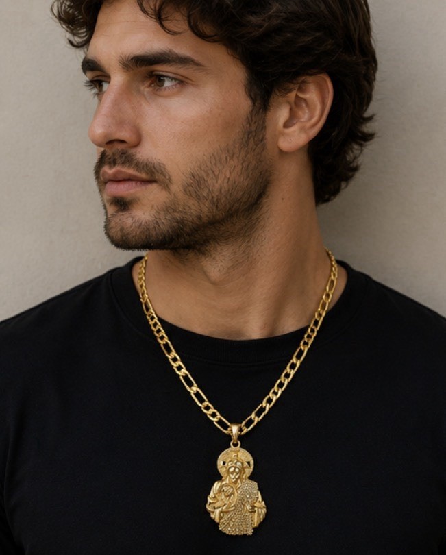 Luxe Gold Yellow Gold Plated Figaro Chain Religious Round Charm 24in