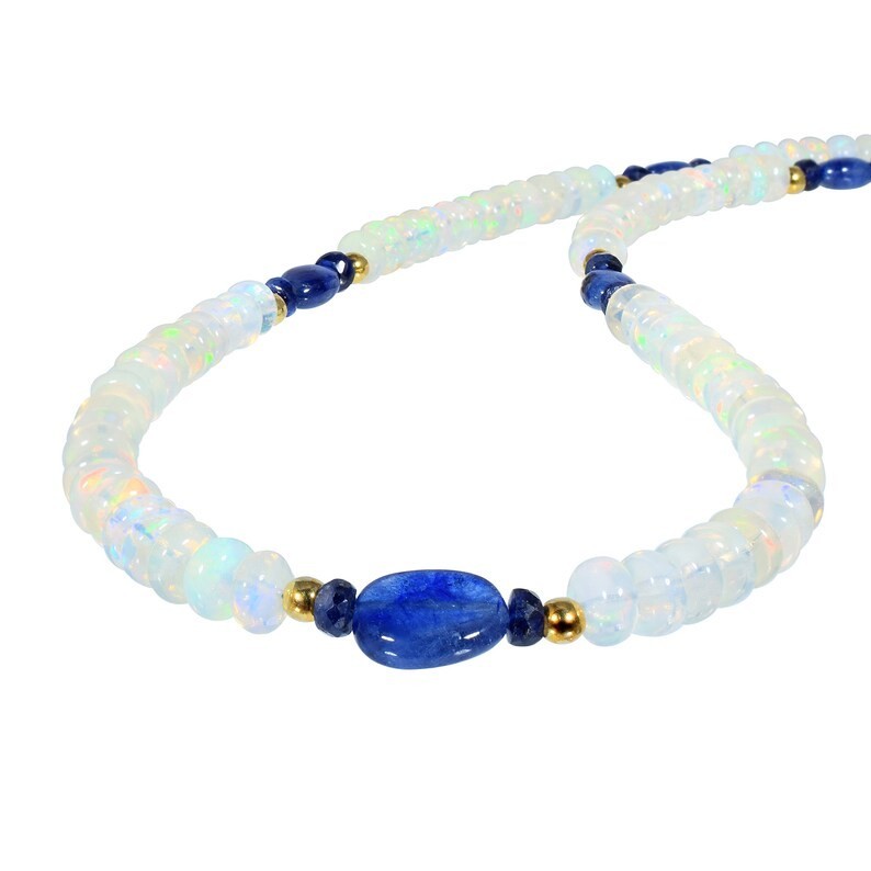 Natural Welo Fire Opal Blue Sapphire Beaded Necklace 925 Silver 18 in Handmade