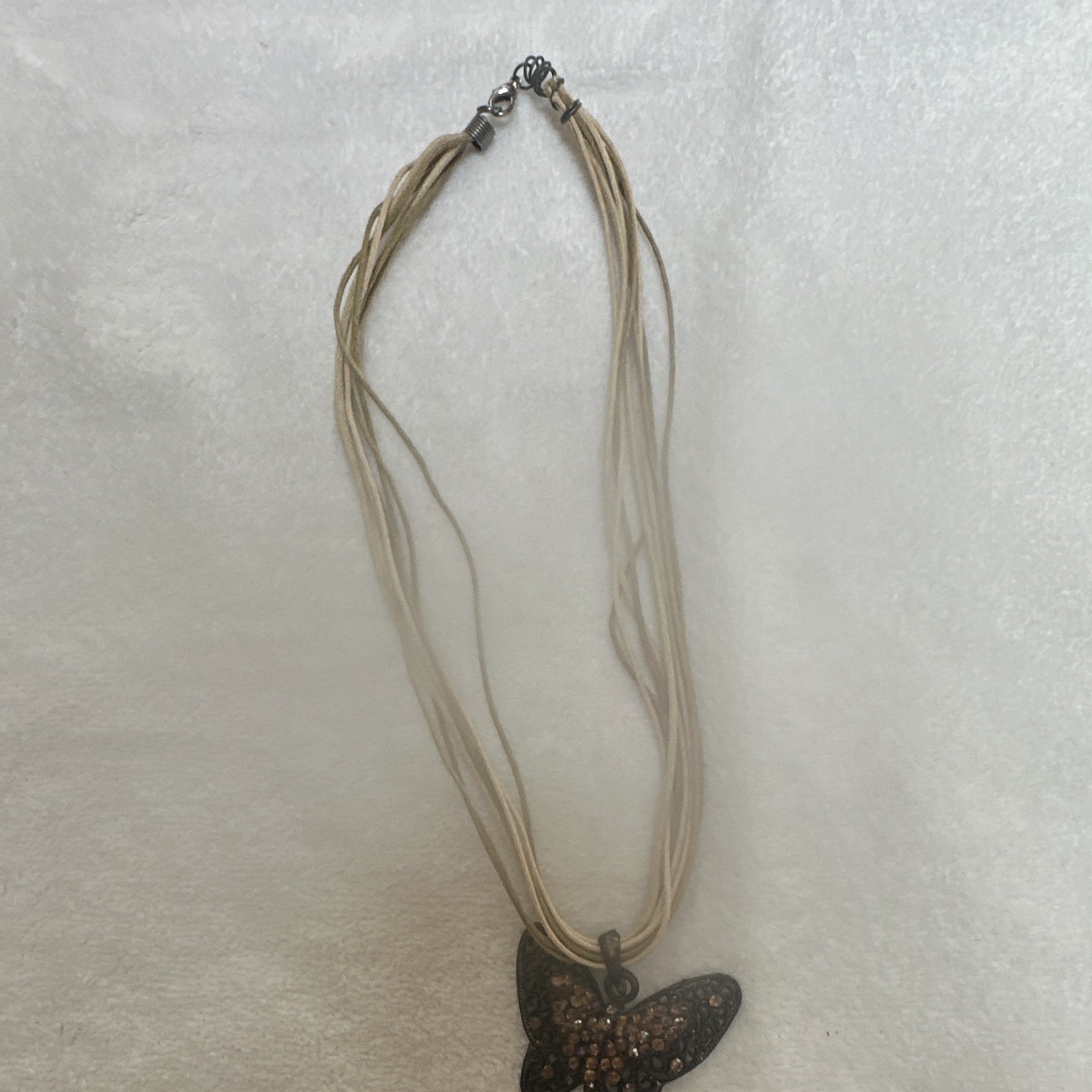 Butterfly Charm Pendant Necklace Silver Tone Multi-Strand Beige Cord Lobster
