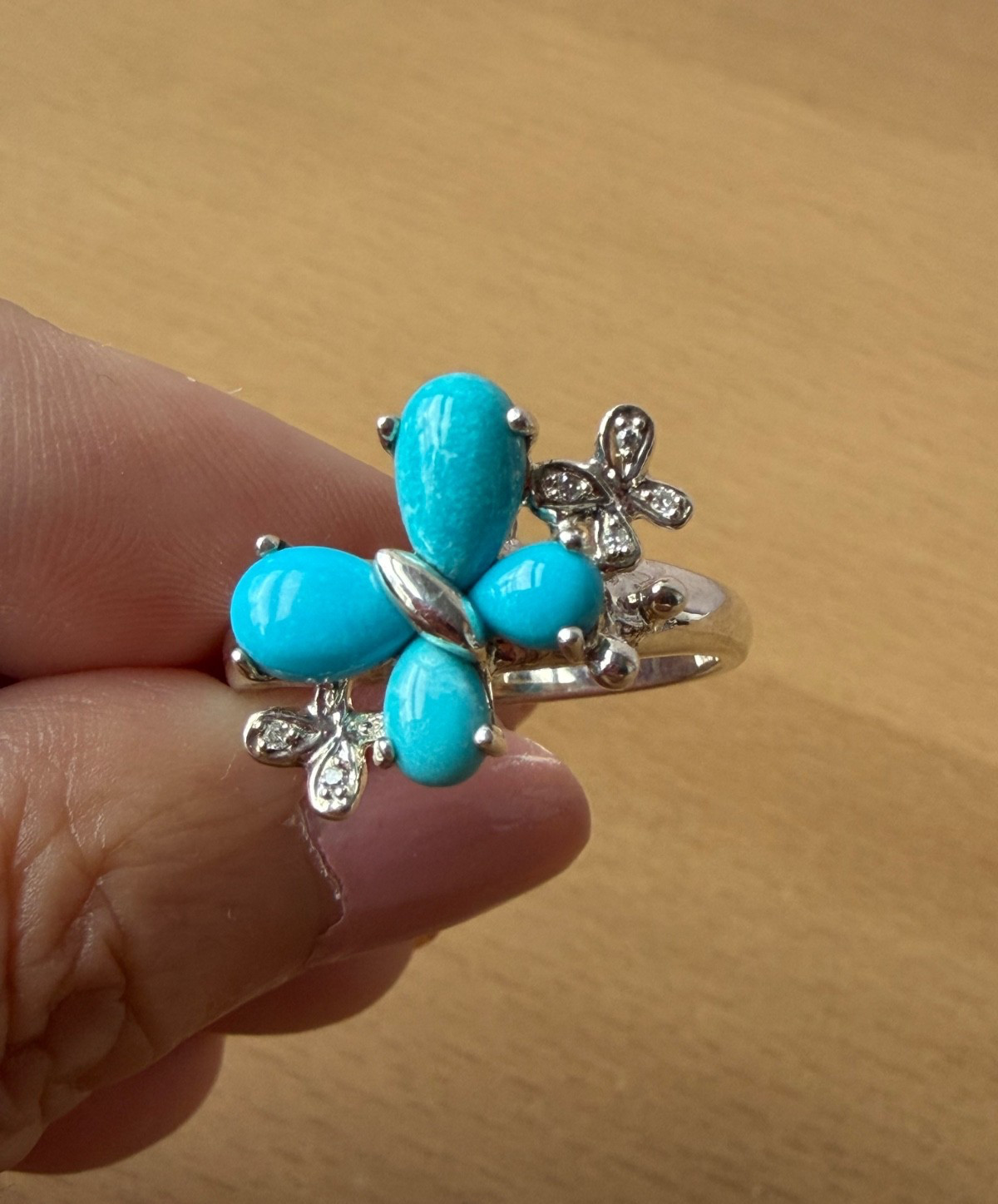 Turquoise Blue Amazonite & CZ Triple Butterfly Design Ring 925 Sterling Silver