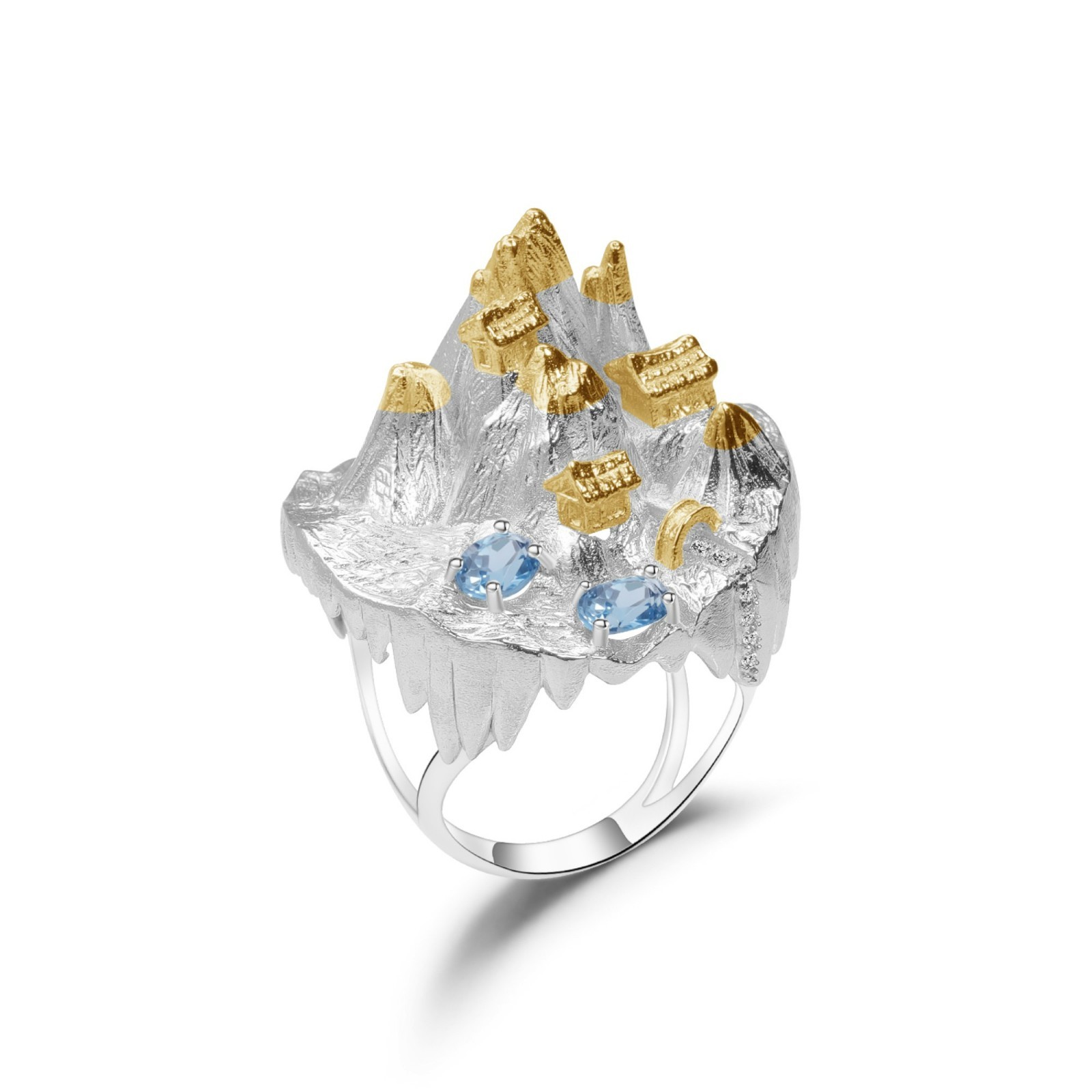 Natural Blue Topaz 0.86 CT Sterling Silver Gold Plated scenic Ring