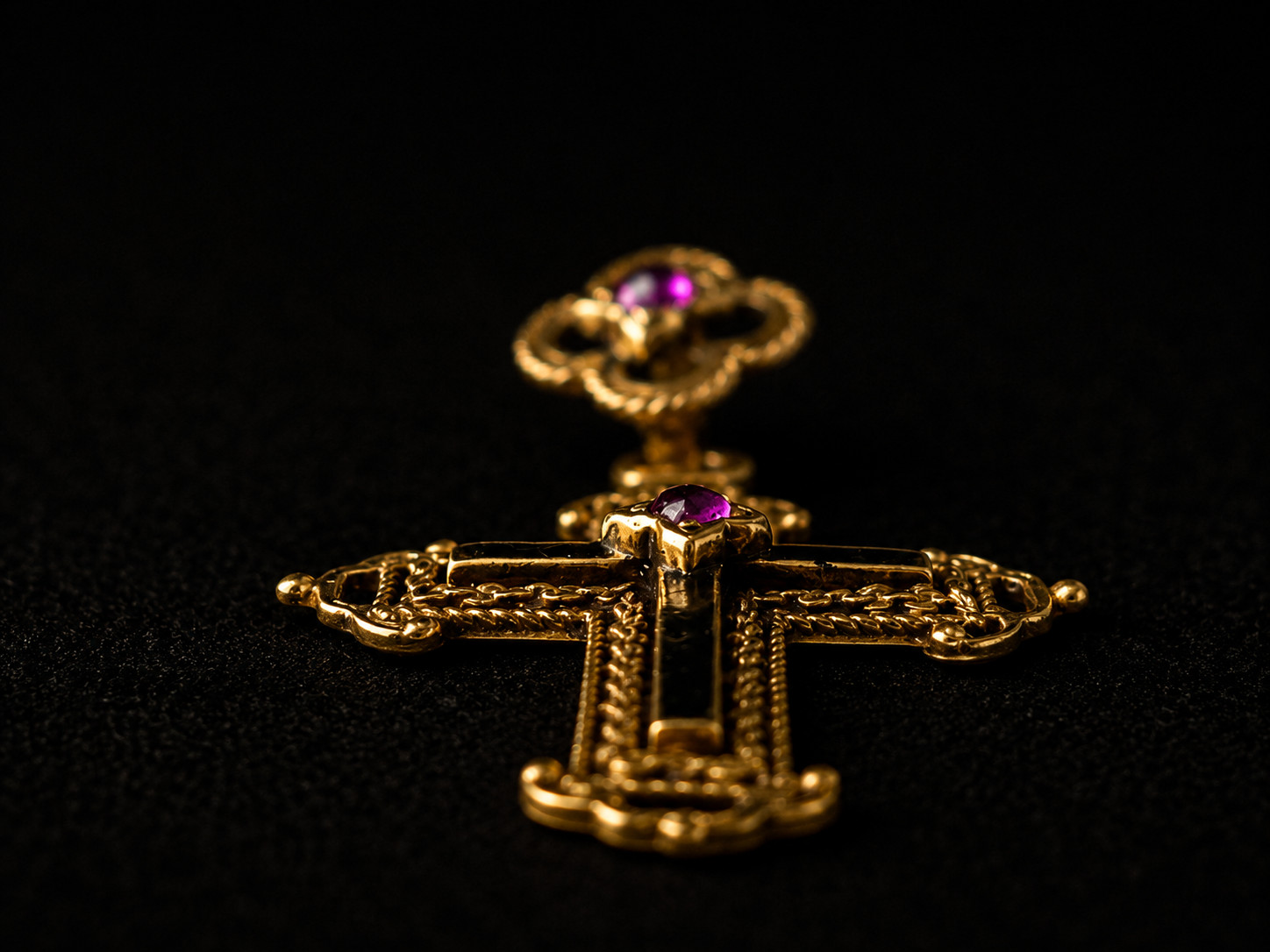 Antique Victorian 18K Gold Cross Pendant Black Enamel Natural Rubies Gothic 1870